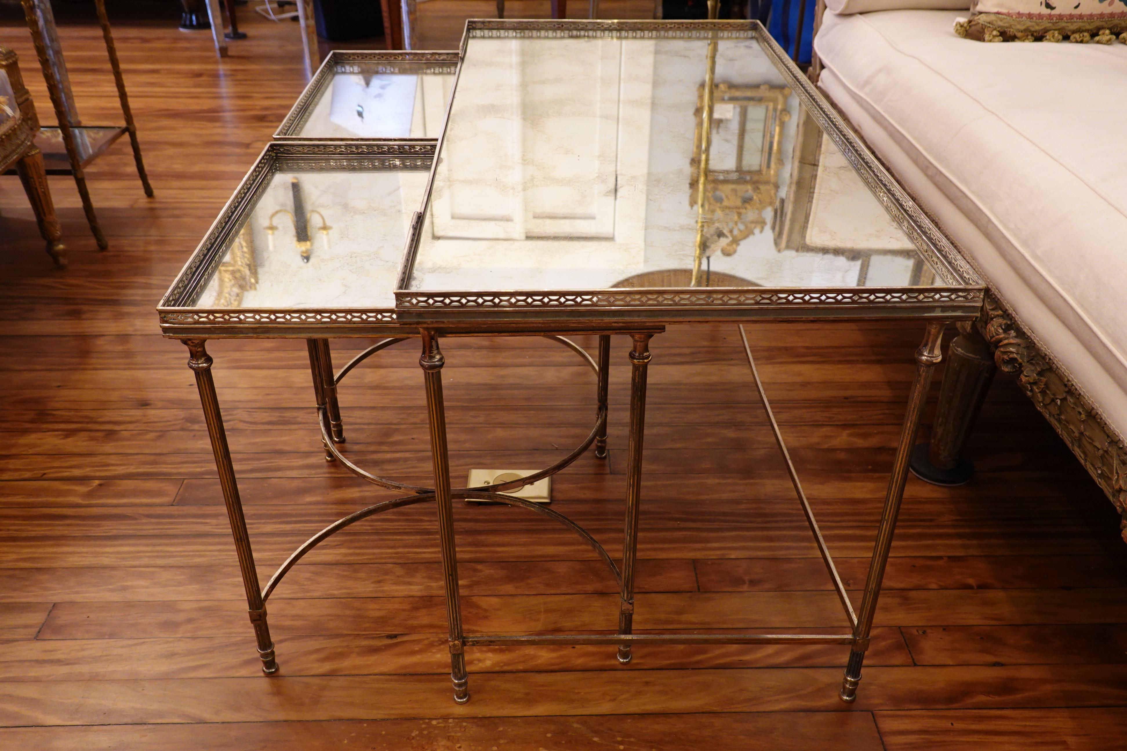 Silvered-Bronze Coffee Table and Two Nesting Side Tables with Églomisé Tops For Sale 7