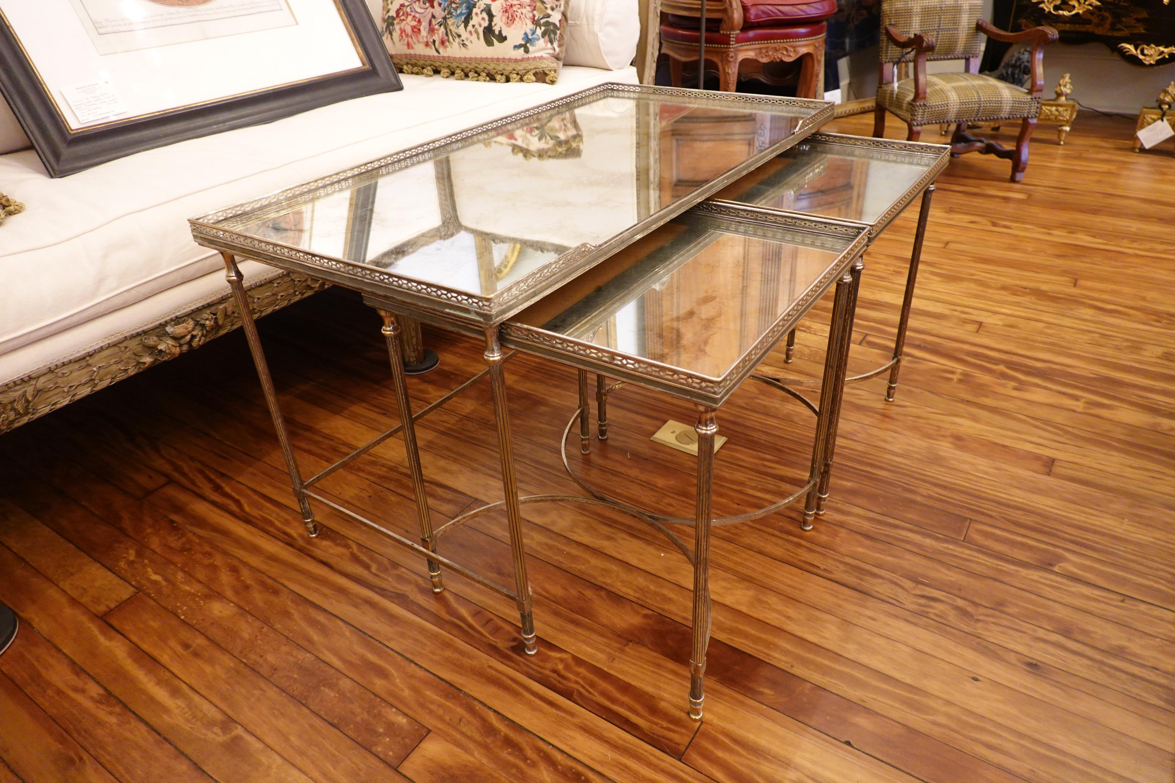 Silvered-Bronze Coffee Table and Two Nesting Side Tables with Églomisé Tops For Sale 8