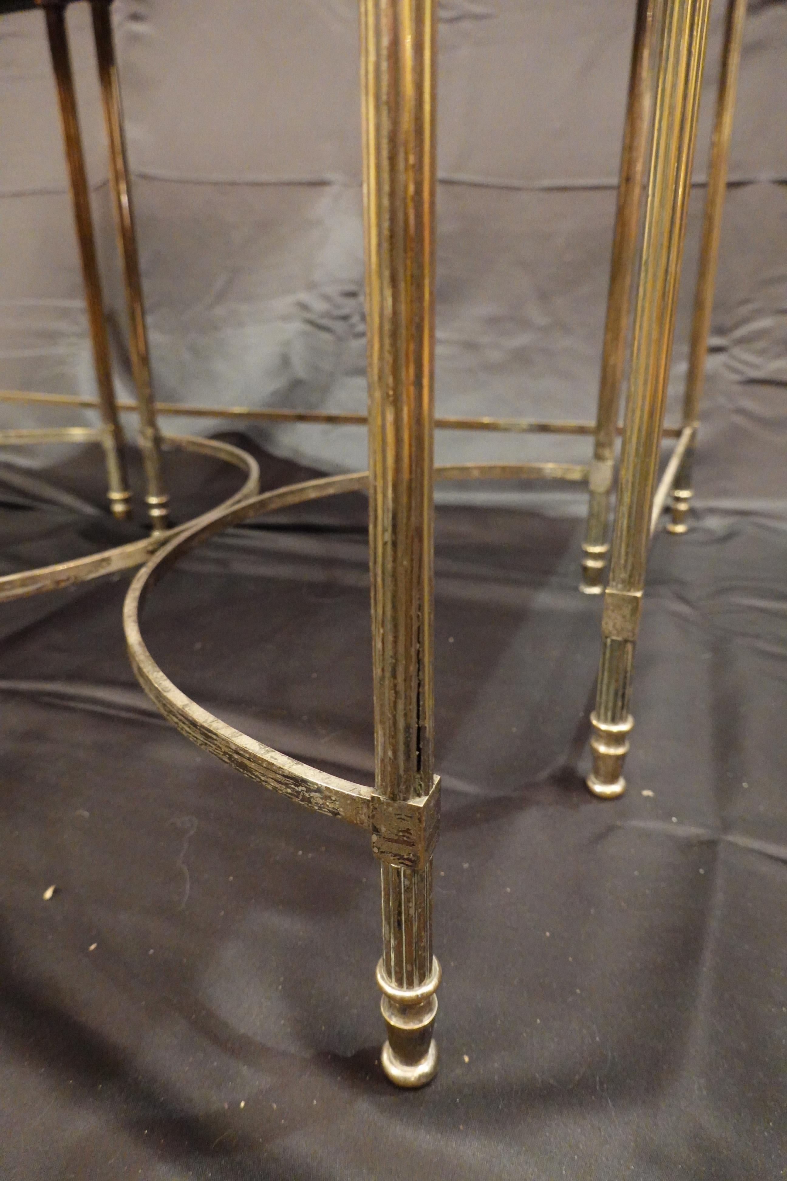 Neoclassical Silvered-Bronze Coffee Table and Two Nesting Side Tables with Églomisé Tops For Sale