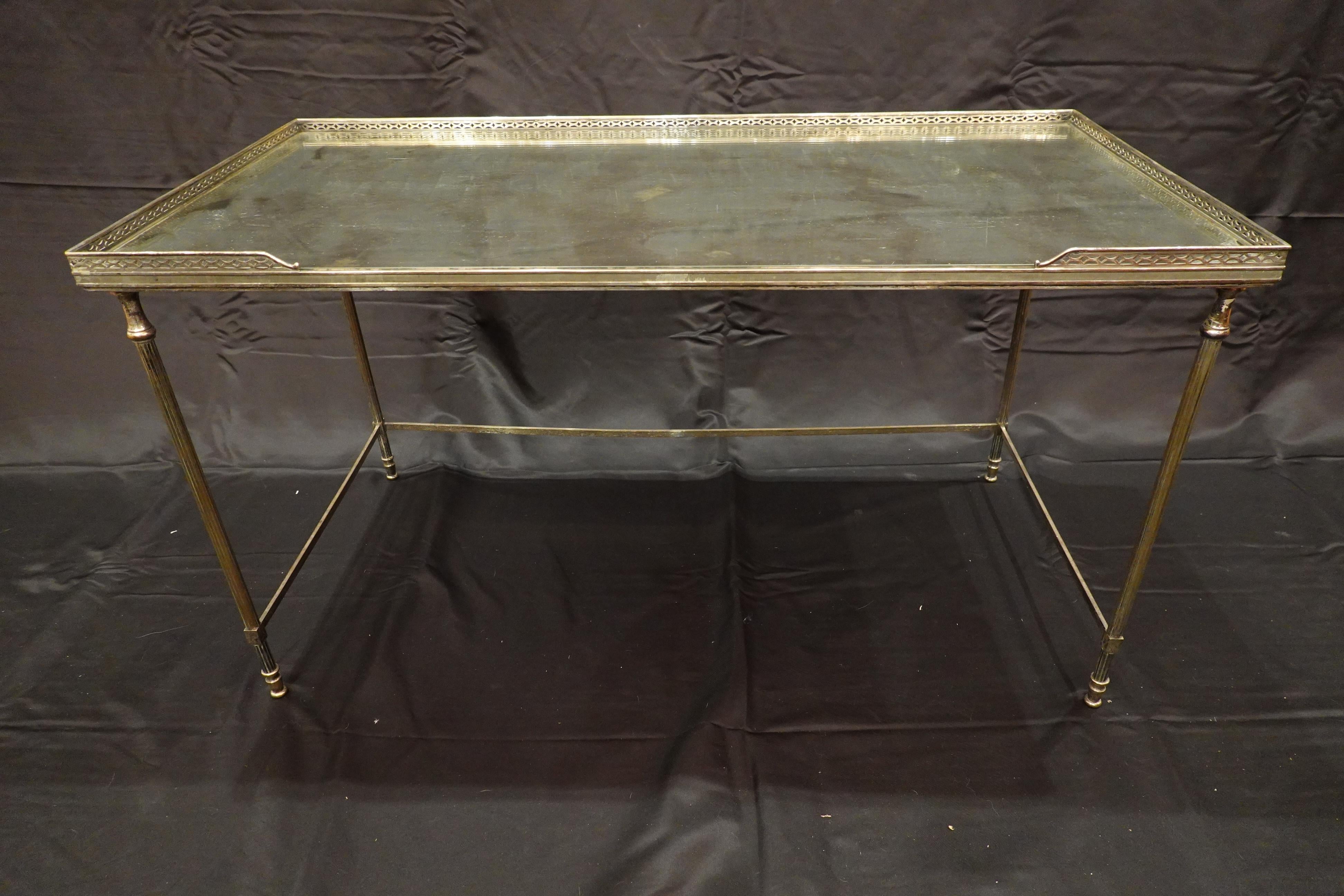 French Silvered-Bronze Coffee Table and Two Nesting Side Tables with Églomisé Tops For Sale