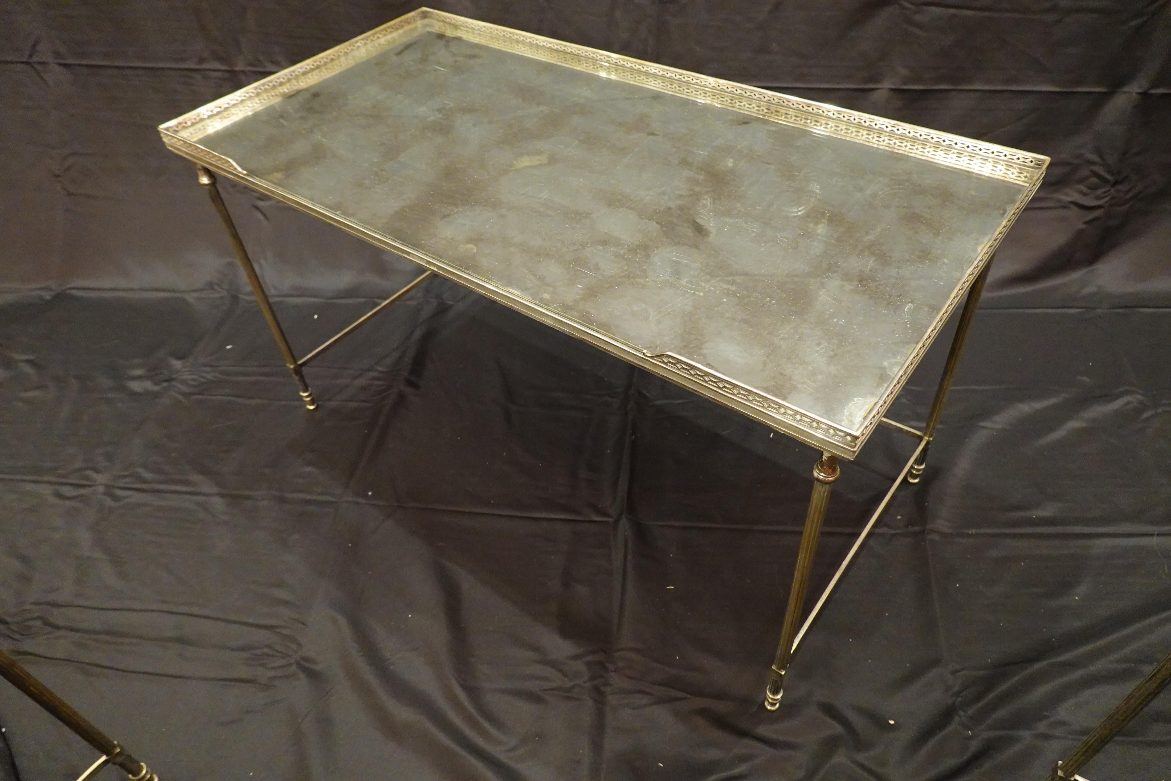 Silvered-Bronze Coffee Table and Two Nesting Side Tables with Églomisé Tops In Fair Condition For Sale In Pembroke, MA