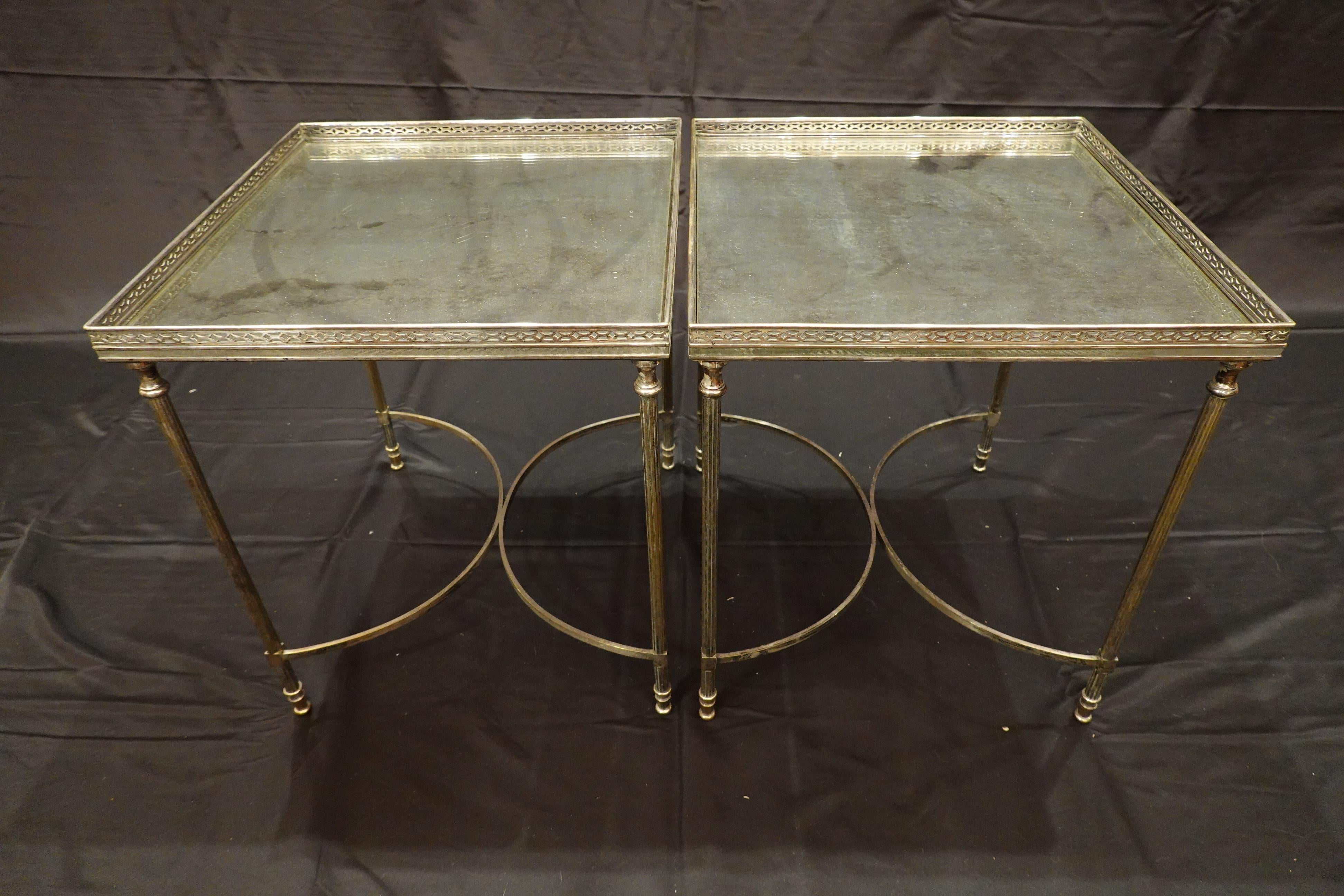Brass Silvered-Bronze Coffee Table and Two Nesting Side Tables with Églomisé Tops For Sale