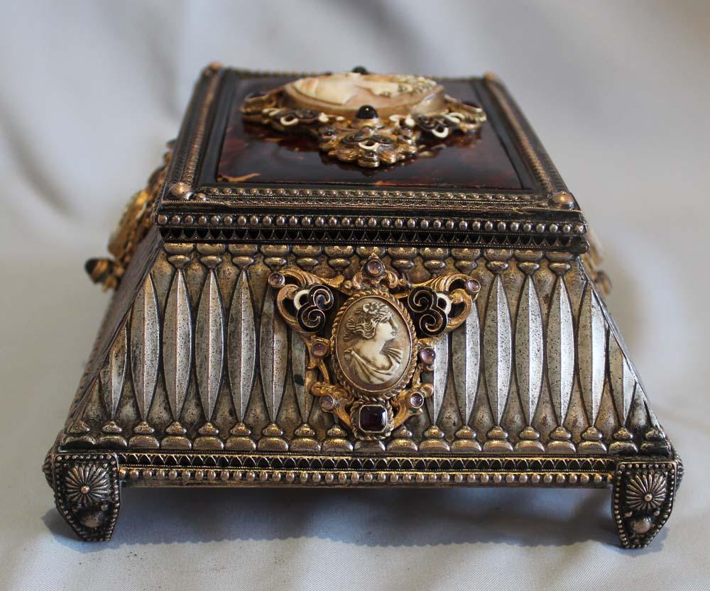 Austrian Silvered Bronze, Enamel, Tortoiseshell Jewelry Casket