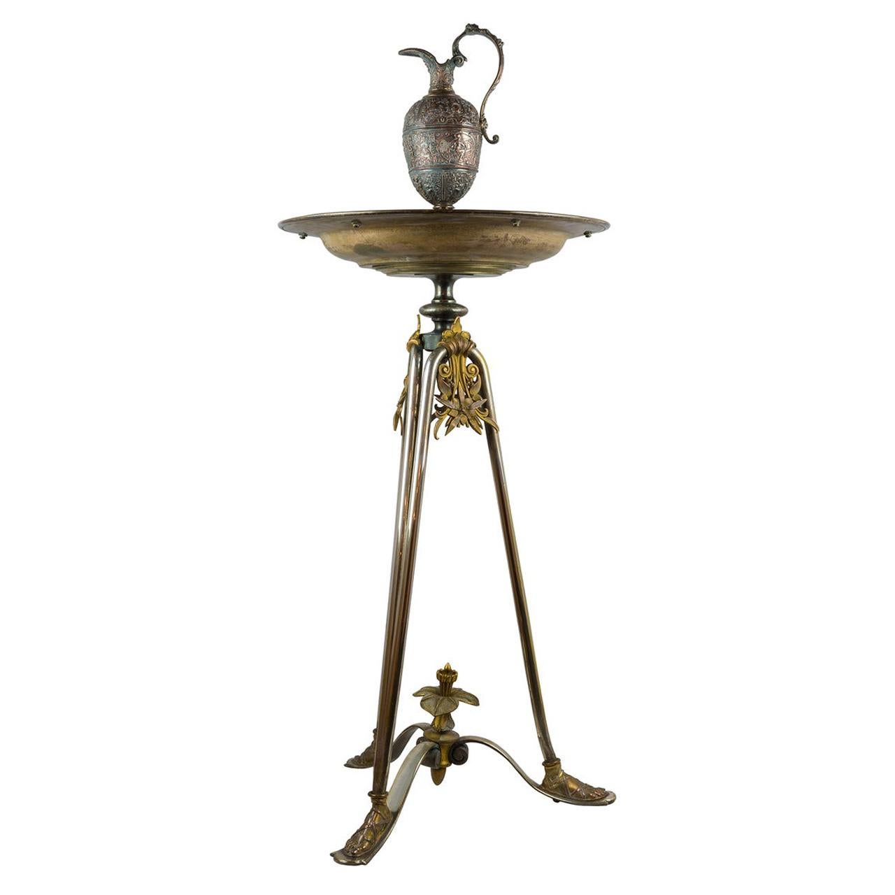 Silvered Bronze Ewer on a Neo-Classical Three-Legged Bronze Mounted Pedestal For Sale