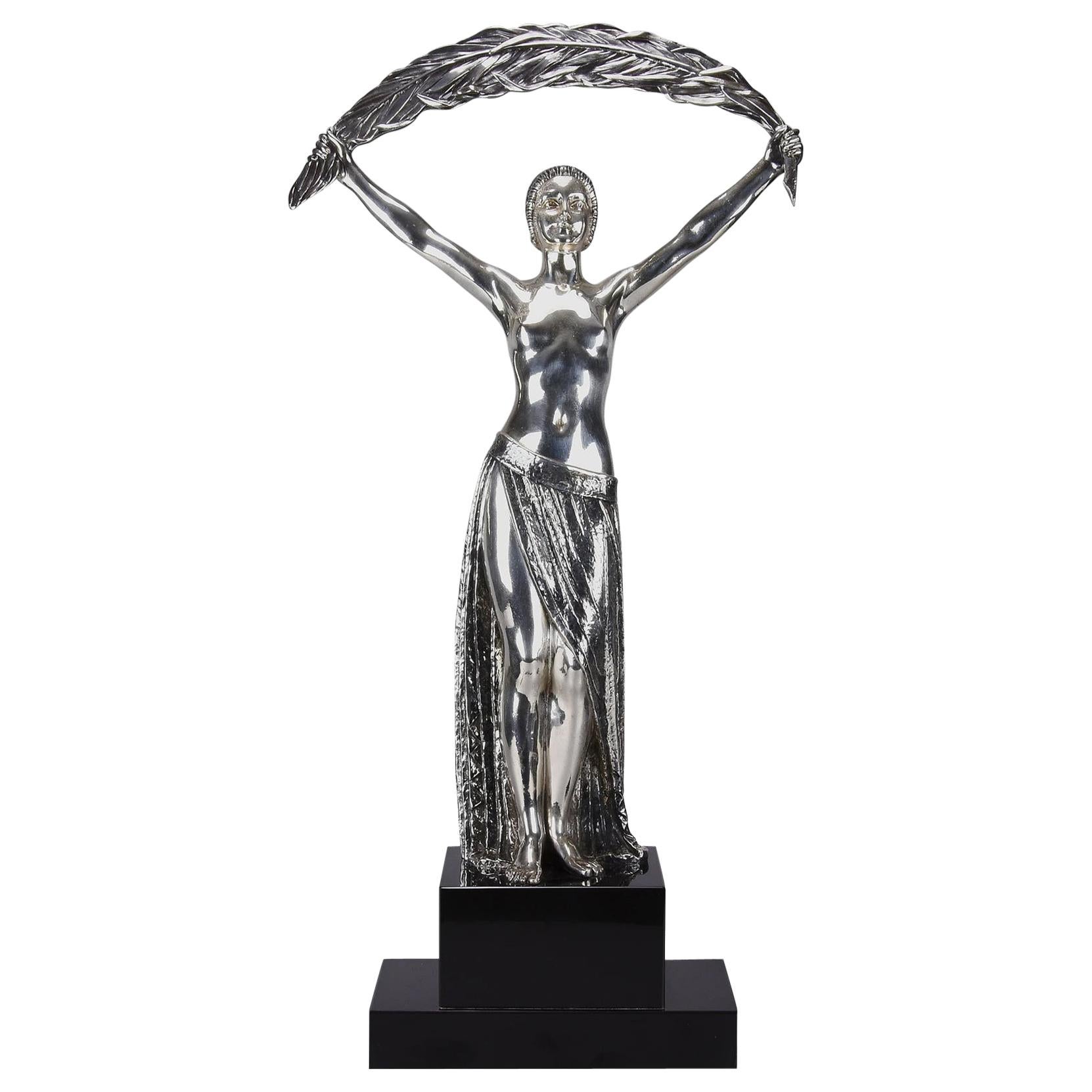 Silvered Bronze Figure "Femme a la Palme" by Demetre Chiparus
