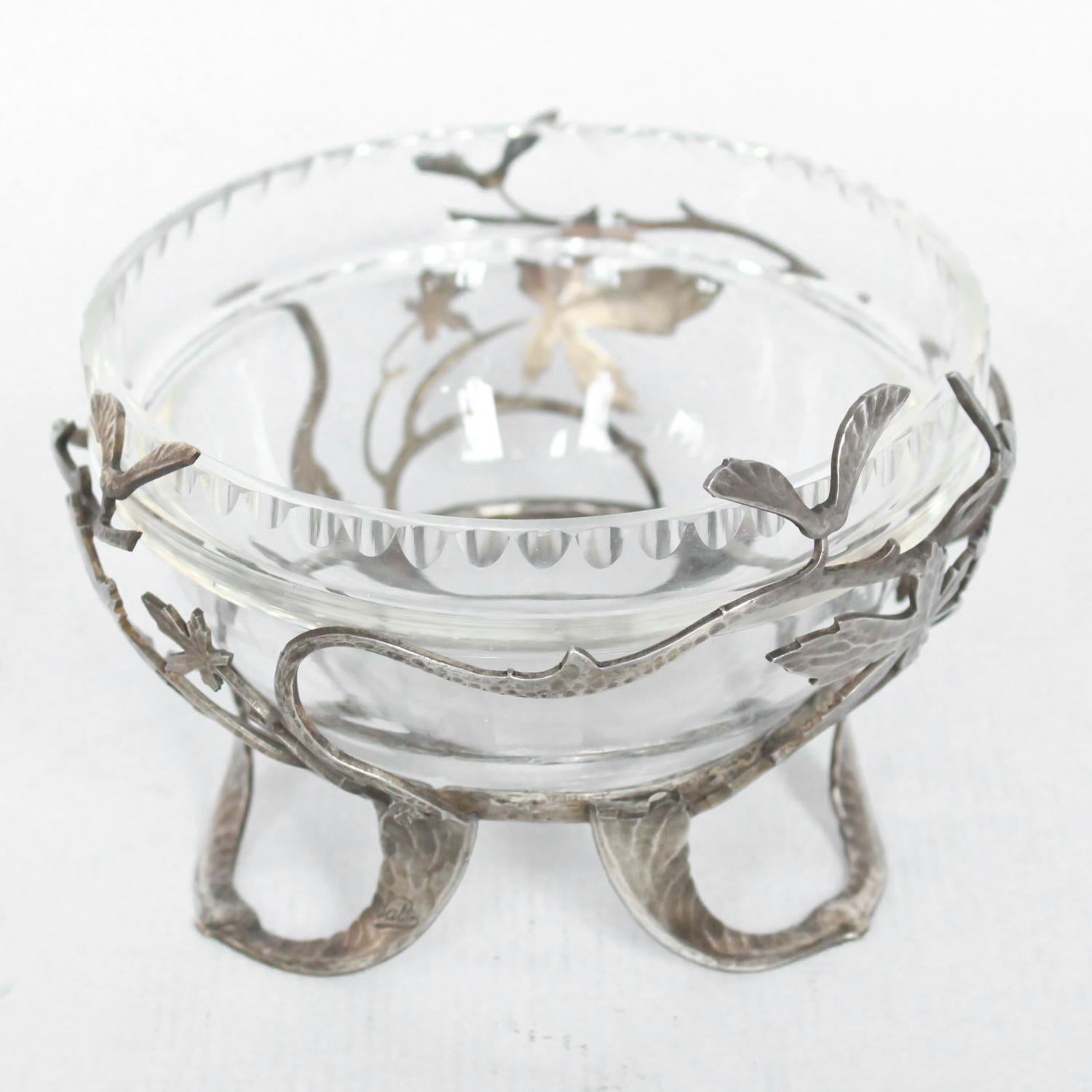 Art Nouveau Silvered Bronze Glass Bowl Signed 