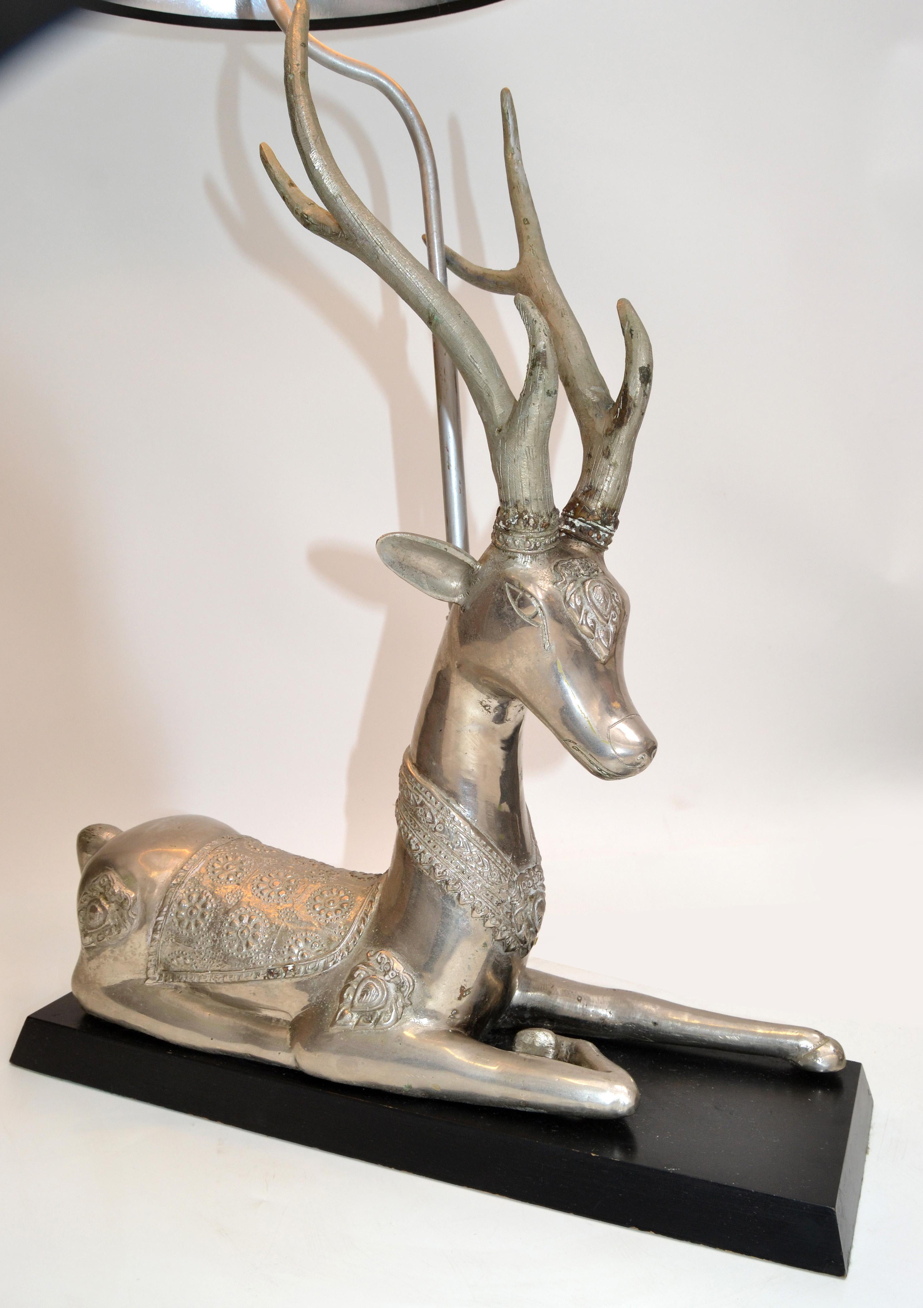 Mid-20th Century Silvered Bronze Graceful Resting Deer Table Lamp Wood Base Silver & Black Shade For Sale