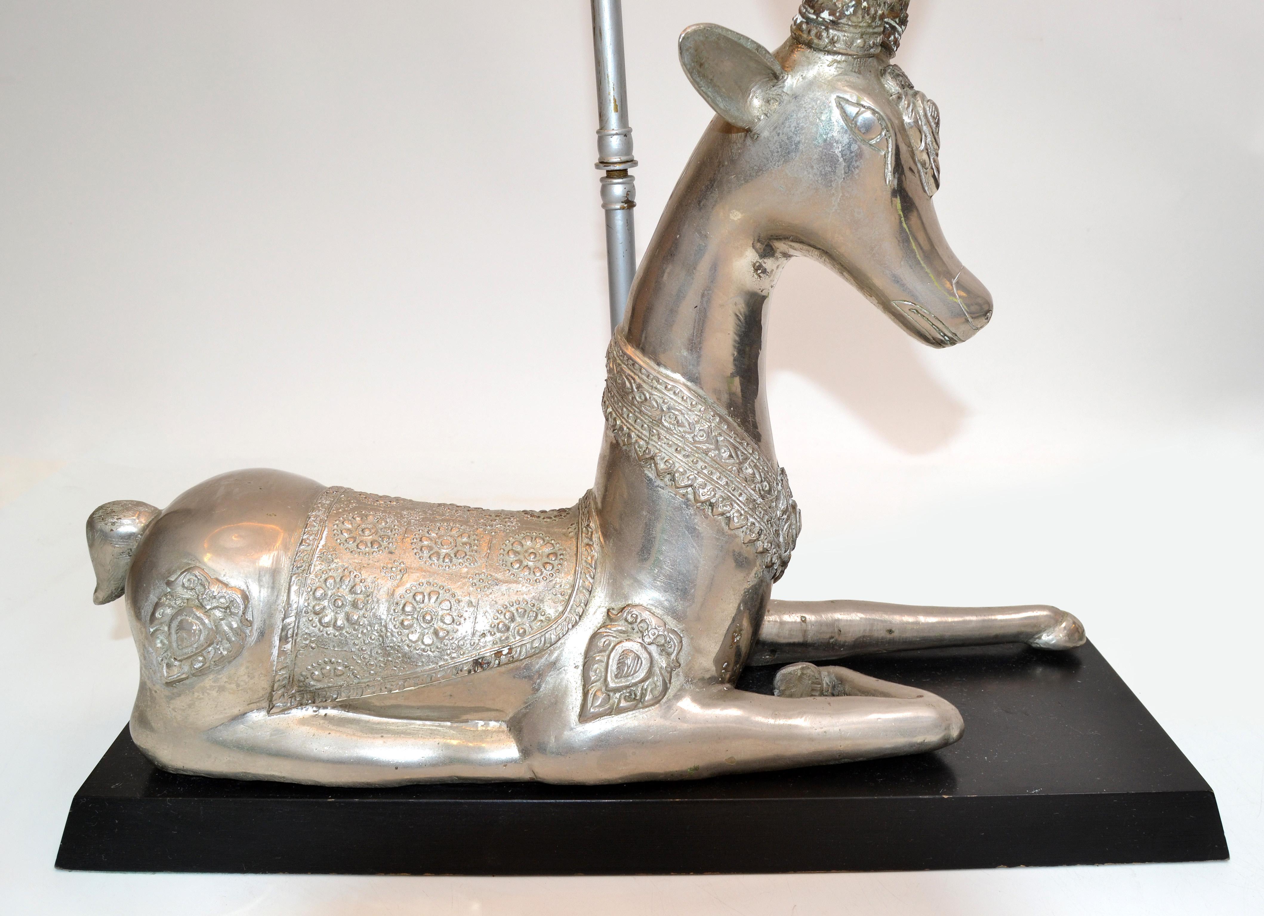Brass Silvered Bronze Graceful Resting Deer Table Lamp Wood Base Silver & Black Shade For Sale