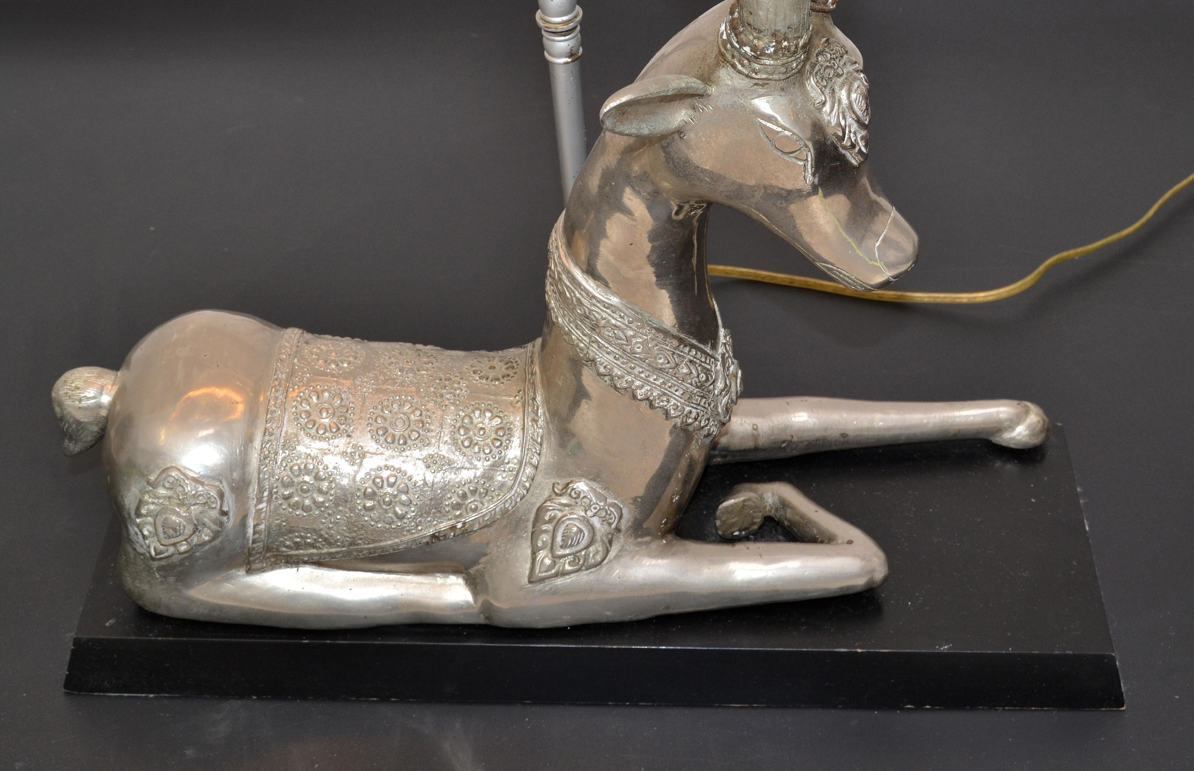 Silvered Bronze Graceful Resting Deer Table Lamp Wood Base Silver & Black Shade For Sale 1