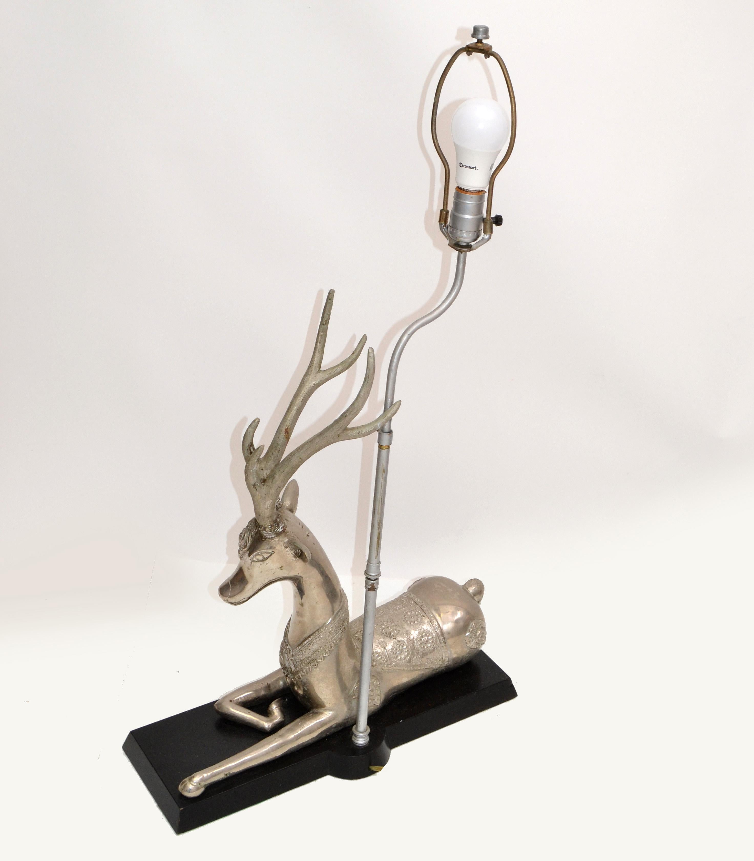 Art Nouveau Silvered Bronze Graceful Resting Deer Table Lamp Wood Base Silver & Black Shade For Sale