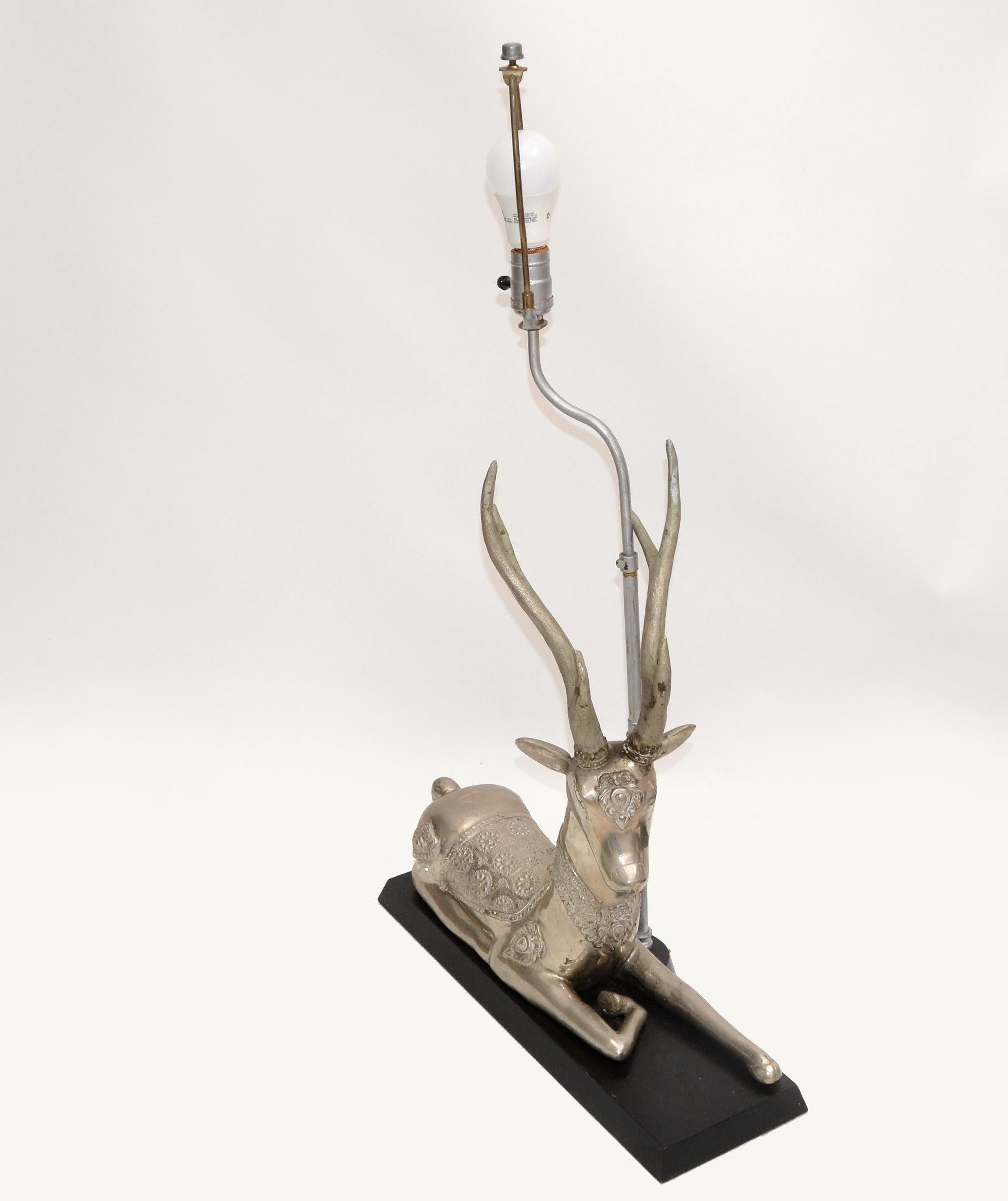 American Silvered Bronze Graceful Resting Deer Table Lamp Wood Base Silver & Black Shade For Sale