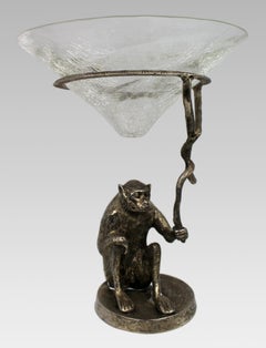 Silvered Bronze Monkey Centrepiece with Crackle Glass Bowl