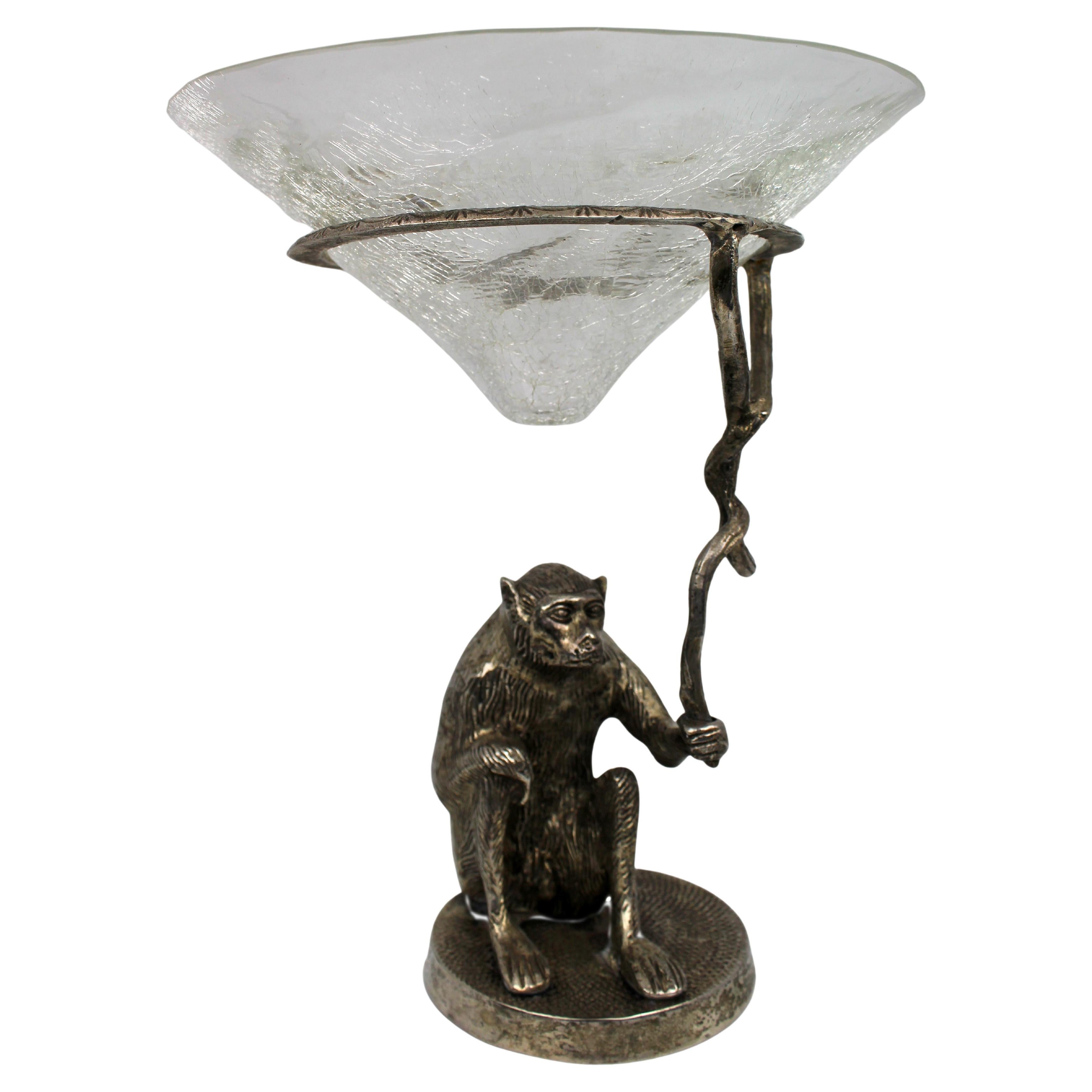 Centre de table Singe en bronze argenté avec bol en verre craquelé en vente