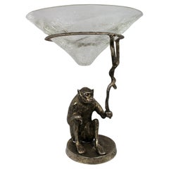 Silvered Bronze Monkey Centrepiece with Crackle Glass Bowl