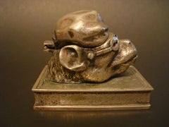 Silvered Bronze Monkey Wearing a Hat Inkwell, France, 1900