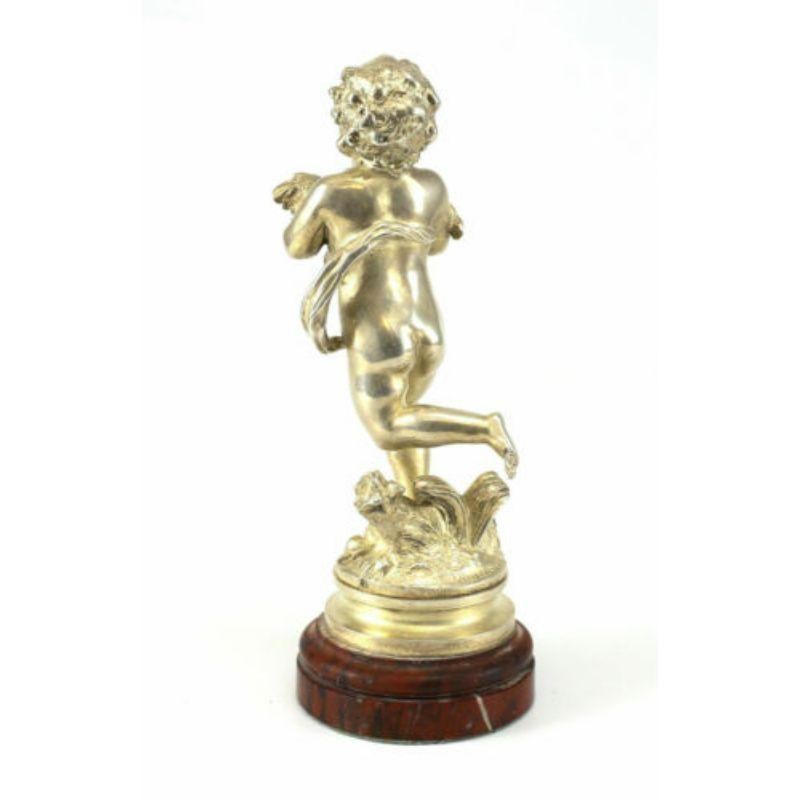 Silvered Bronze Putti Cherub Statue on Agate by Auguste Moreau In Good Condition For Sale In Gardena, CA
