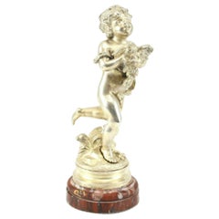 Antique Silvered Bronze Putti Cherub Statue on Agate by Auguste Moreau