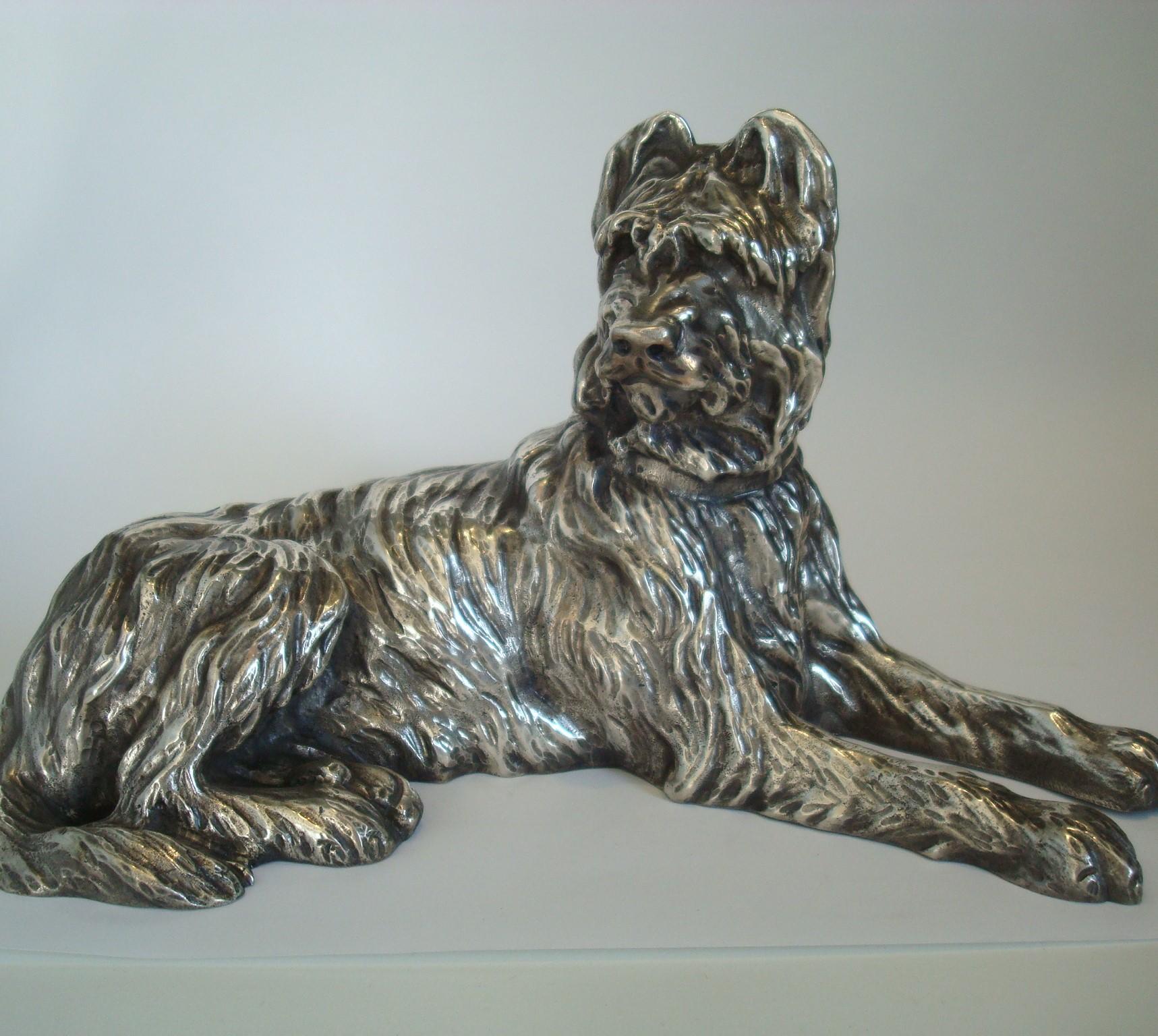 Silvered Bronze Sculpture of a Briard Dog Signed Sanson, France, 1900 1