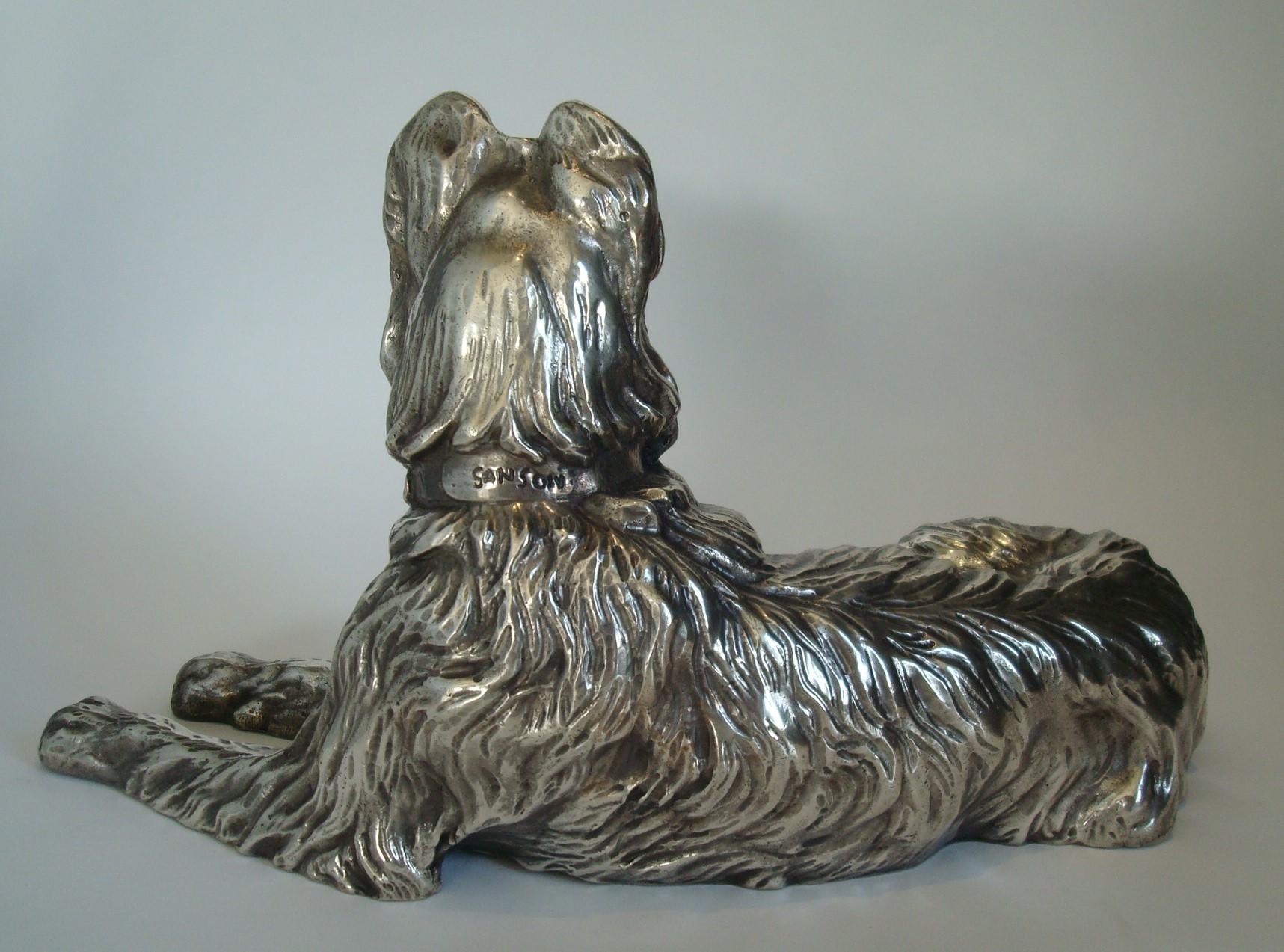 Art Nouveau Silvered Bronze Sculpture of a Briard Dog Signed Sanson, France, 1900