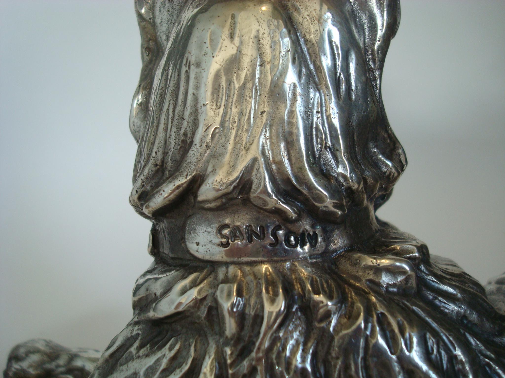 French Silvered Bronze Sculpture of a Briard Dog Signed Sanson, France, 1900