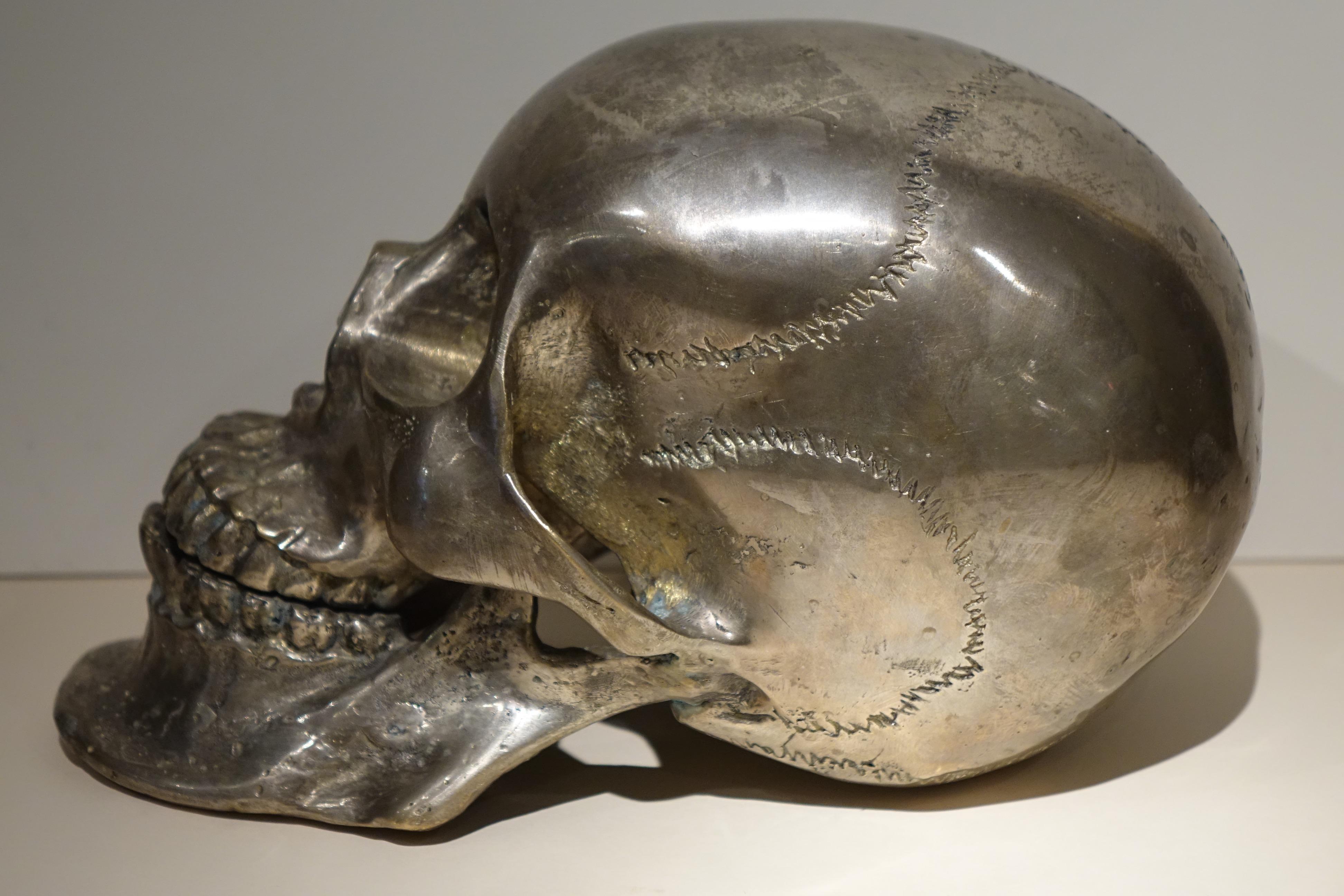 Baroque Silvered Bronze Sculpture Skull, Sicily, 18th Century