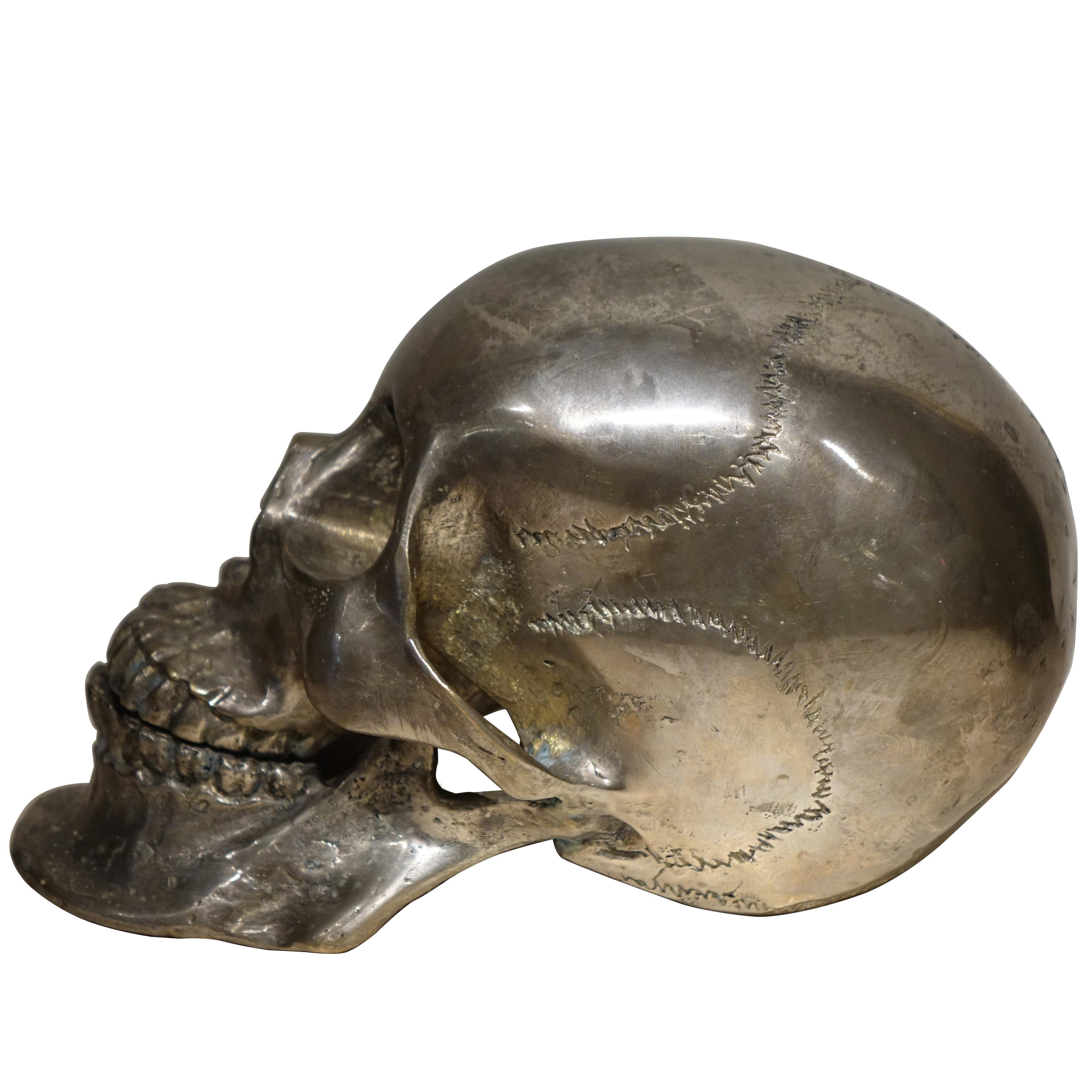 Silvered Bronze Sculpture Skull, Sicily, 18th Century
