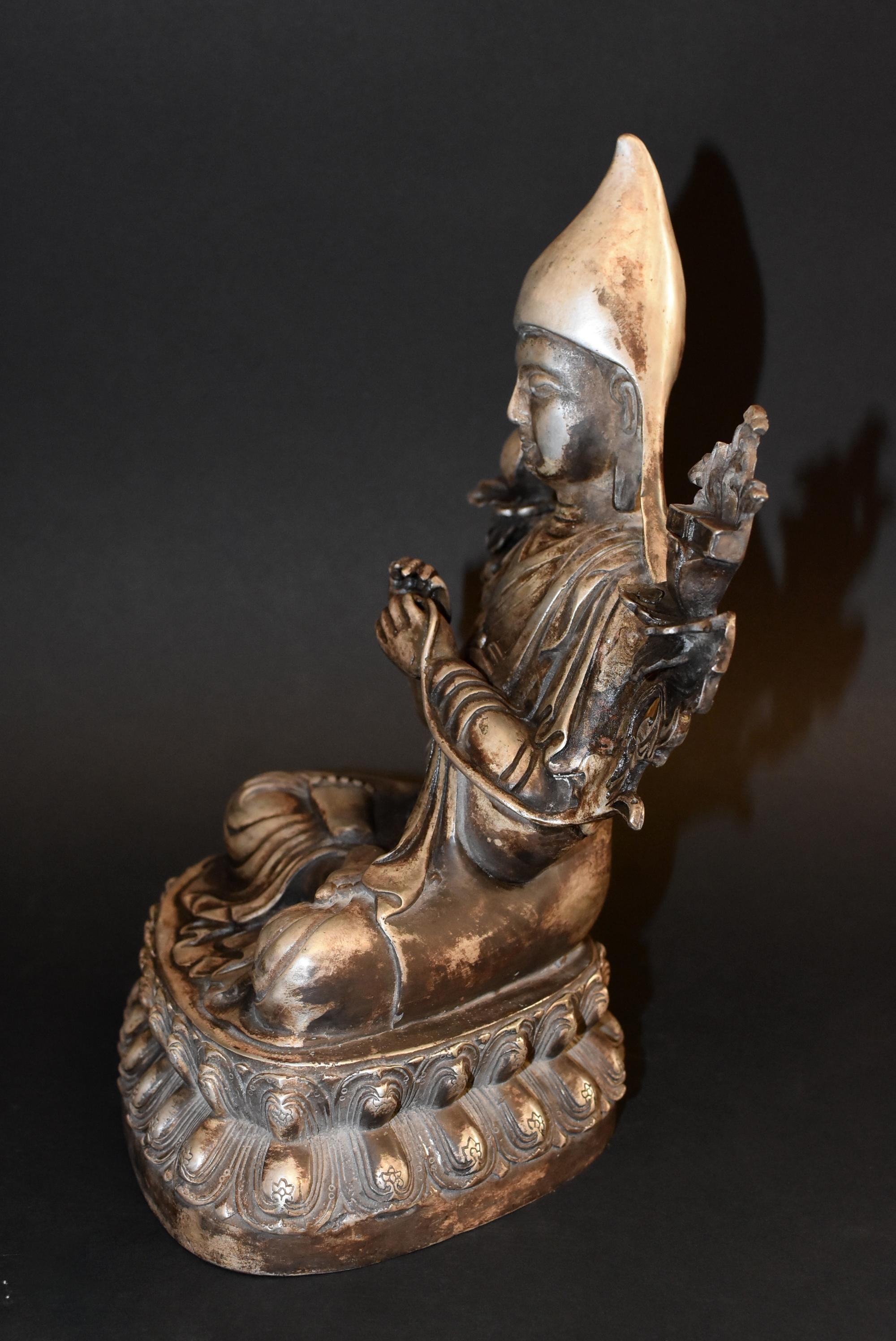 Silvered Bronze Tibetan Tsongkhapa Statue For Sale 7