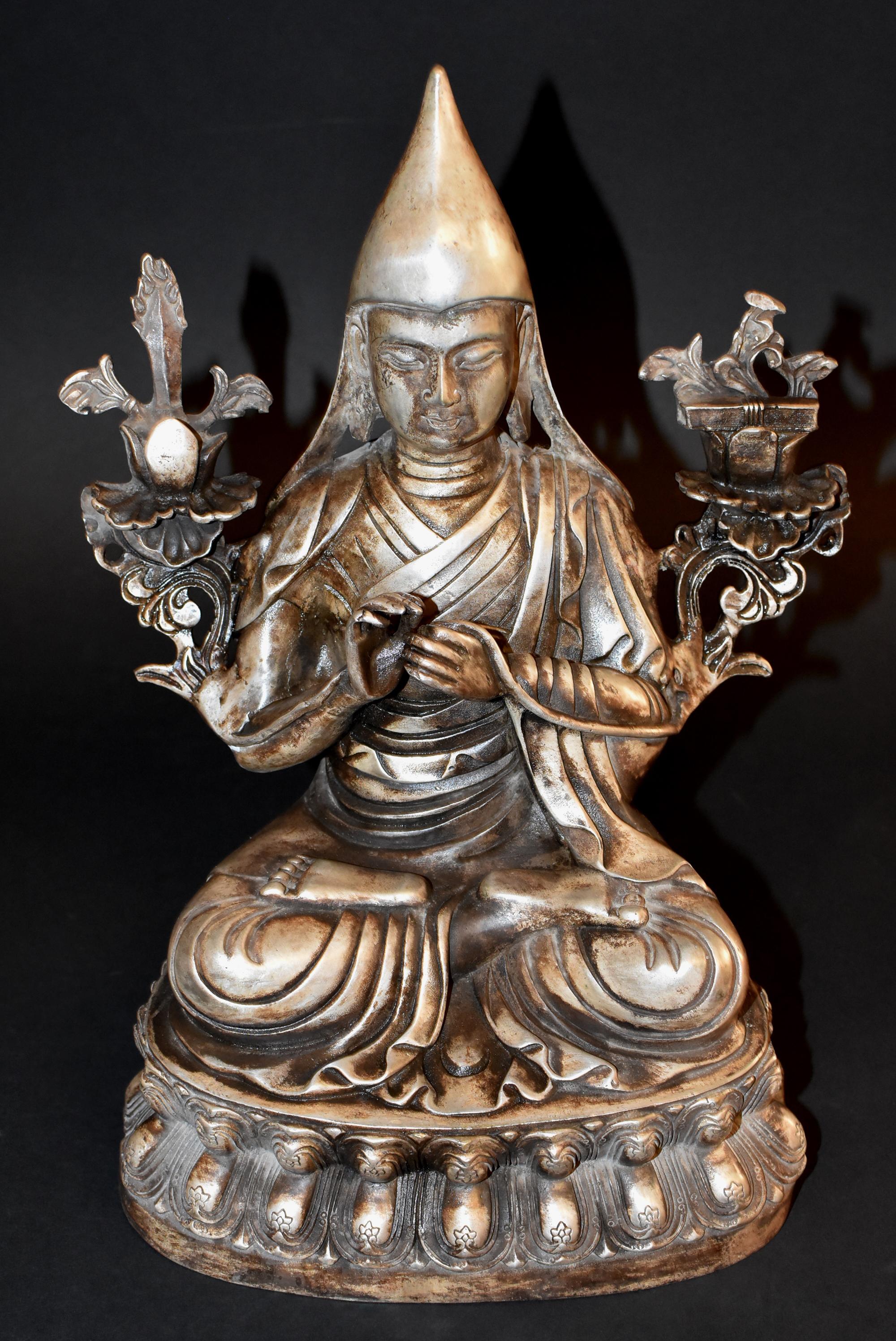 Silvered Bronze Tibetan Tsongkhapa Statue For Sale 9