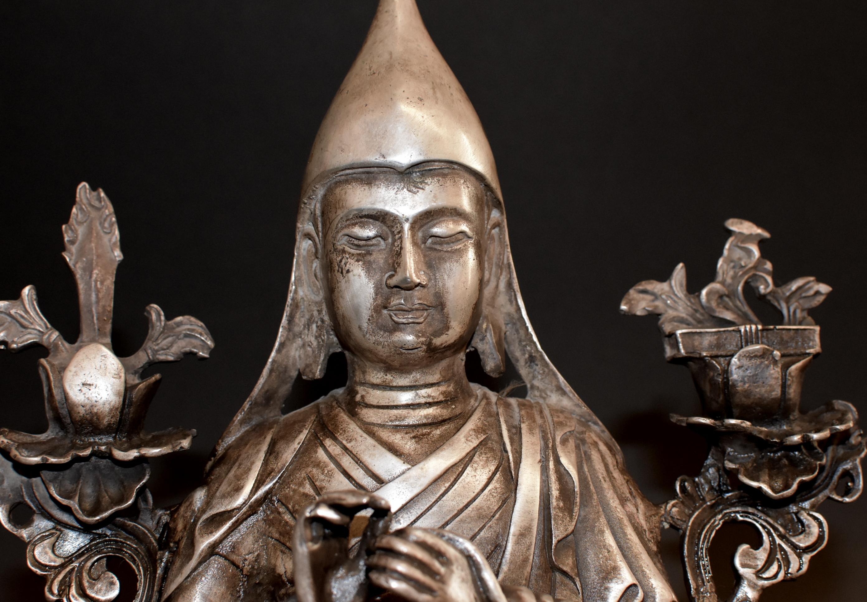 Silvered Bronze Tibetan Tsongkhapa Statue For Sale 12