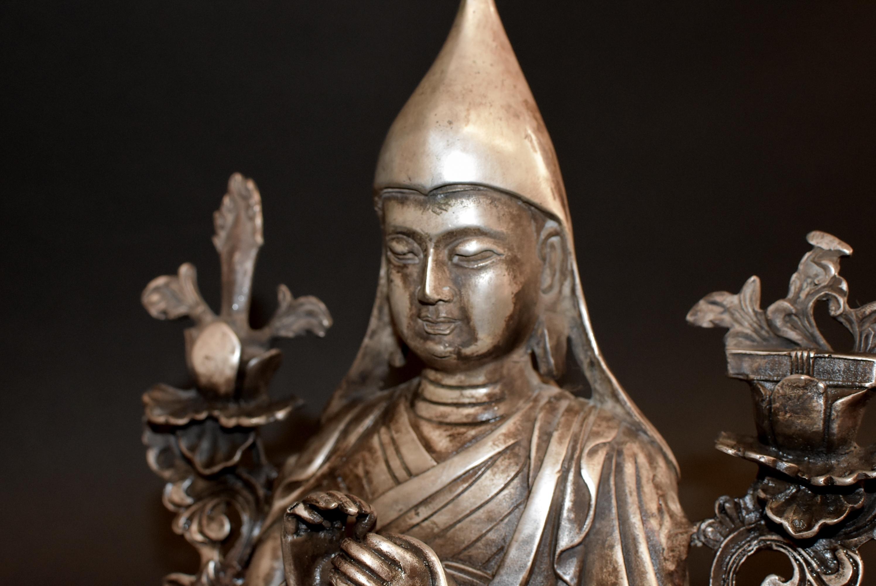 Silvered Bronze Tibetan Tsongkhapa Statue For Sale 14