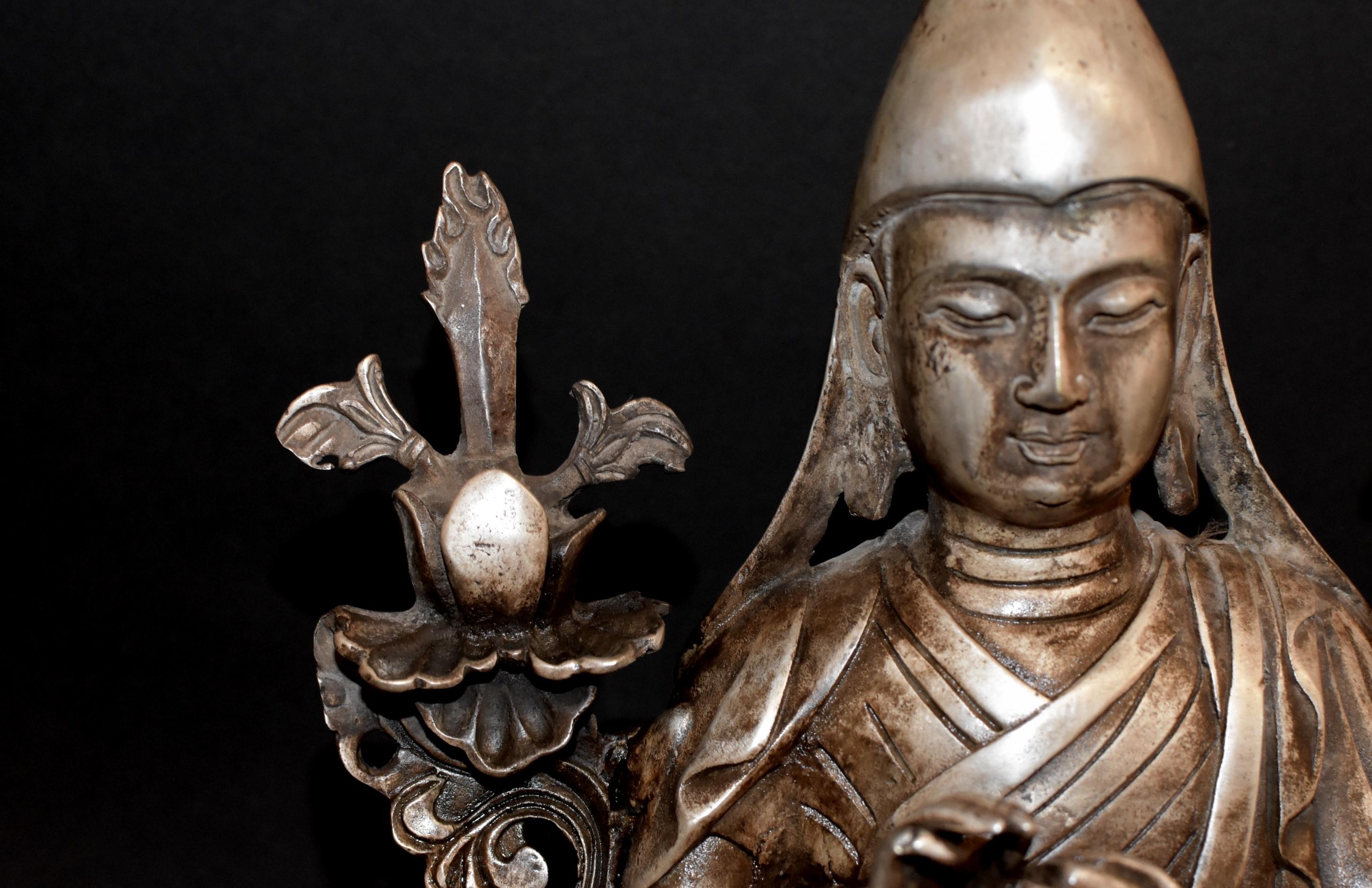 20th Century Silvered Bronze Tibetan Tsongkhapa Statue For Sale