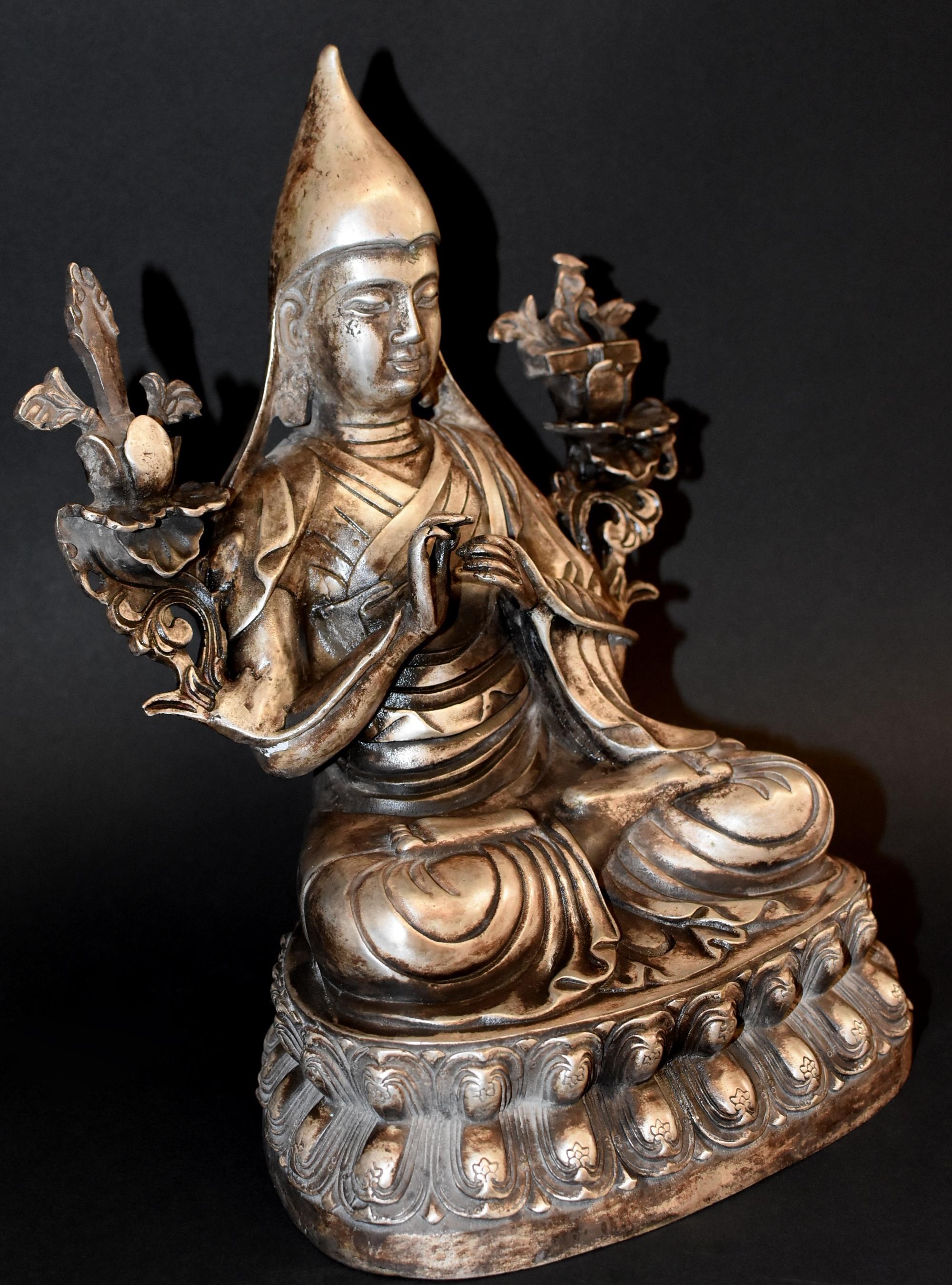 Silvered Bronze Tibetan Tsongkhapa Statue For Sale 1