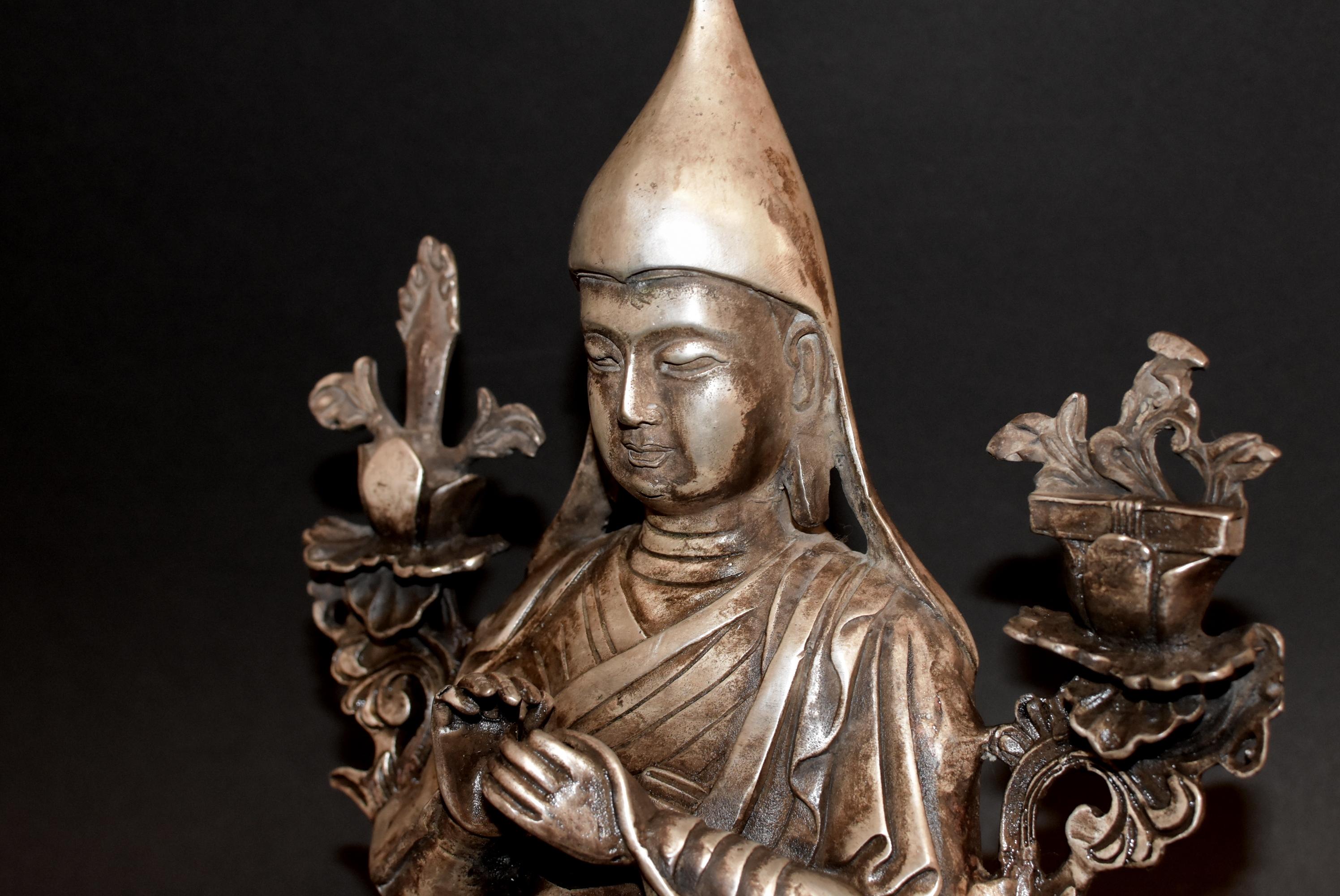 Silvered Bronze Tibetan Tsongkhapa Statue For Sale 3