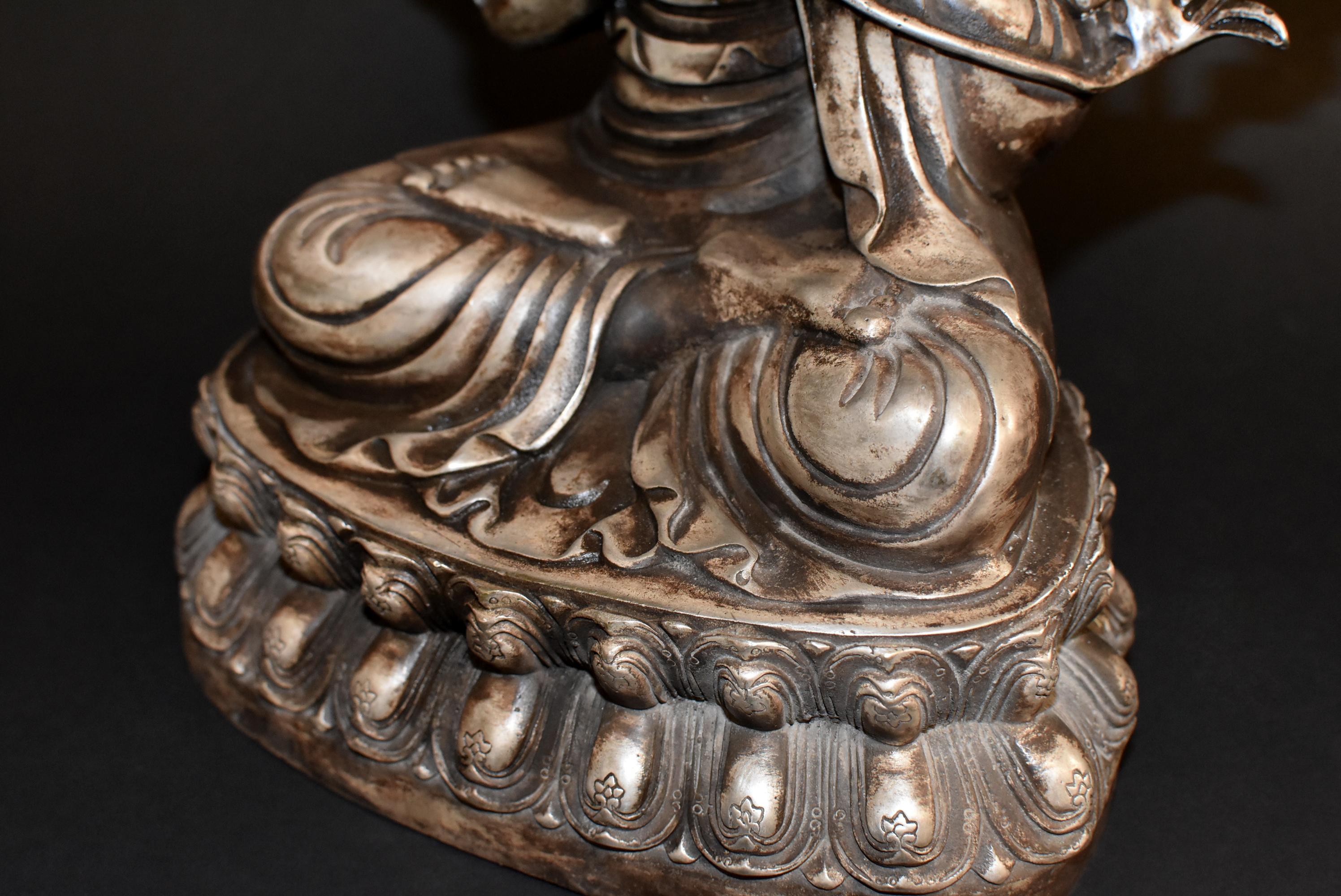 Silvered Bronze Tibetan Tsongkhapa Statue For Sale 4