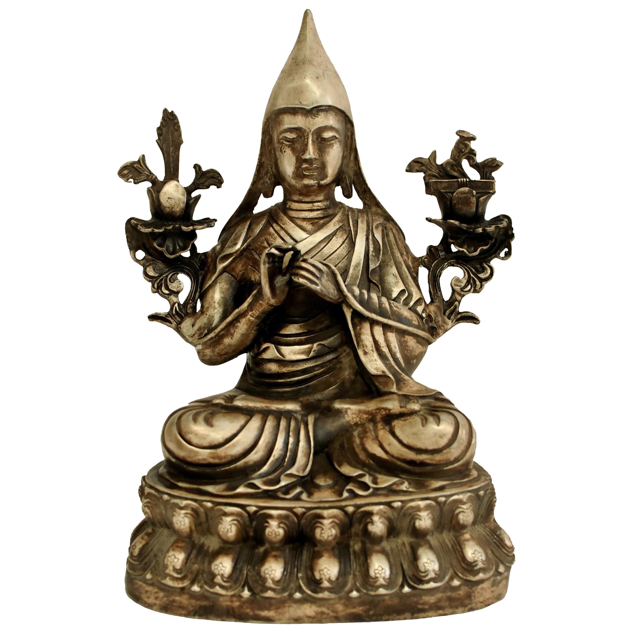 Silvered Bronze Tibetan Tsongkhapa Statue For Sale