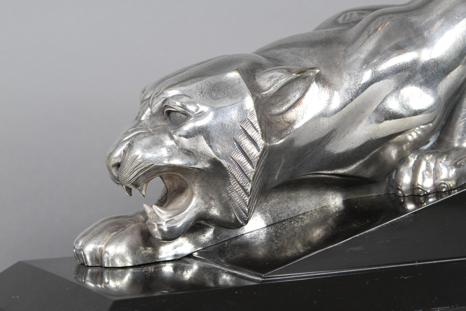 Art Deco Silvered Bronze Tiger Sculpture by Georges Lavroff  For Sale