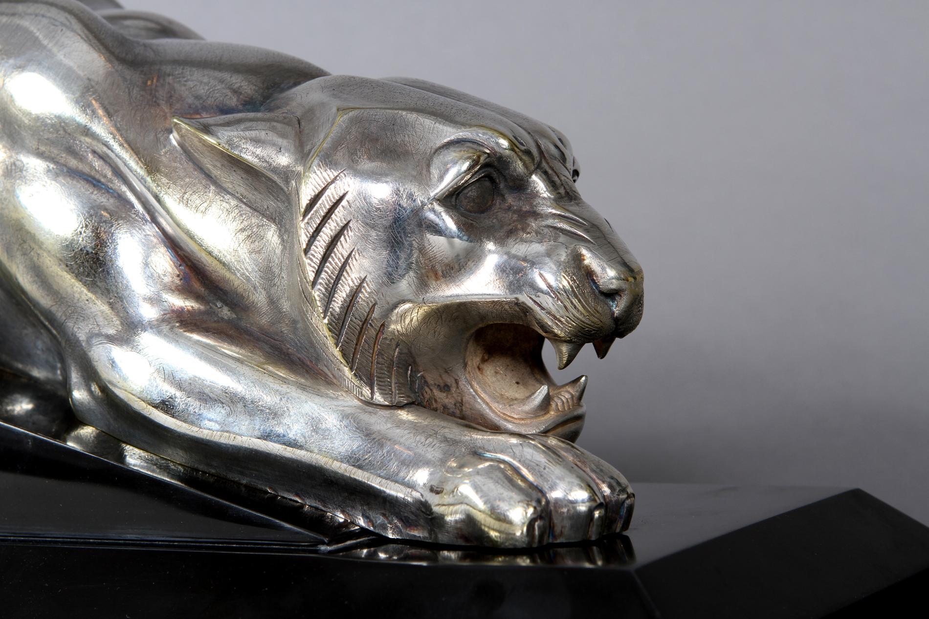20th Century Silvered Bronze Tiger Sculpture by Georges Lavroff  For Sale