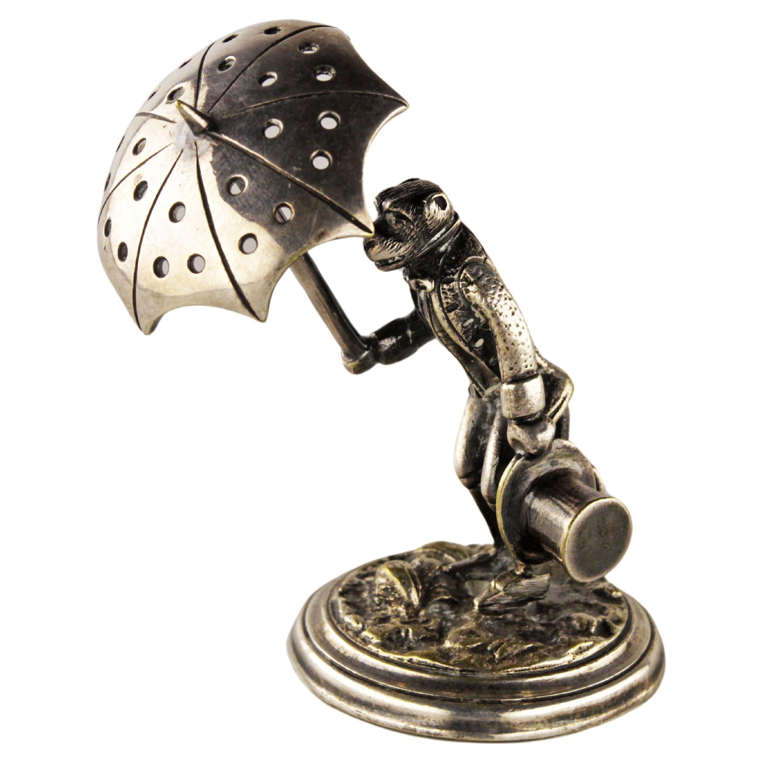 Silvered Bronze Toothpick Holder of Dressed Monkey with Umbrella and Top-Hat