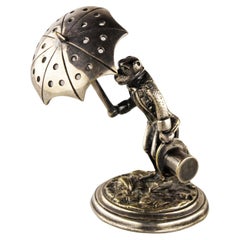Used Silvered Bronze Toothpick Holder of Dressed Monkey with Umbrella and Top-Hat