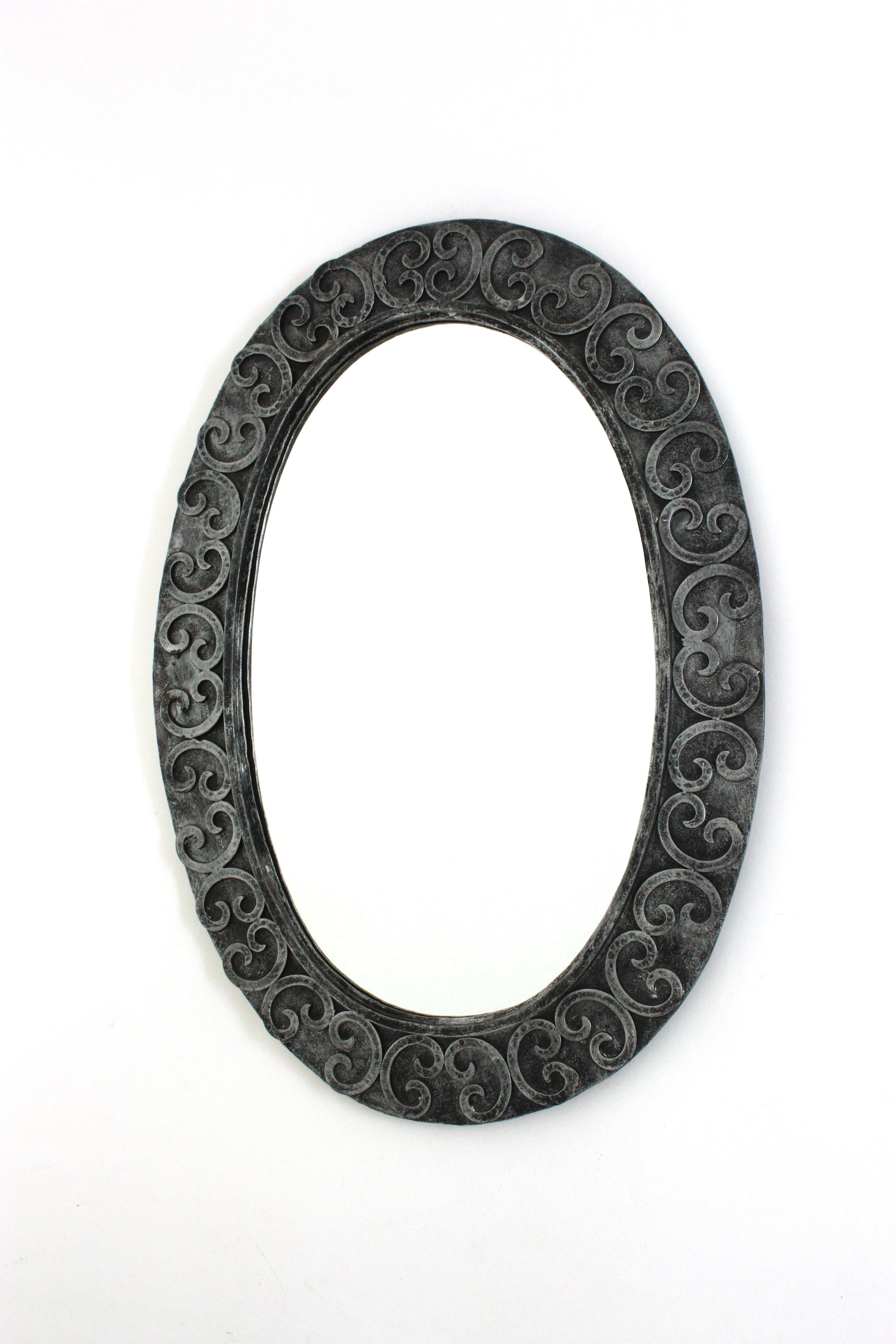 Silvered Brutalist Oval Mirror in Wrought Iron with Scroll Decorations For Sale 3