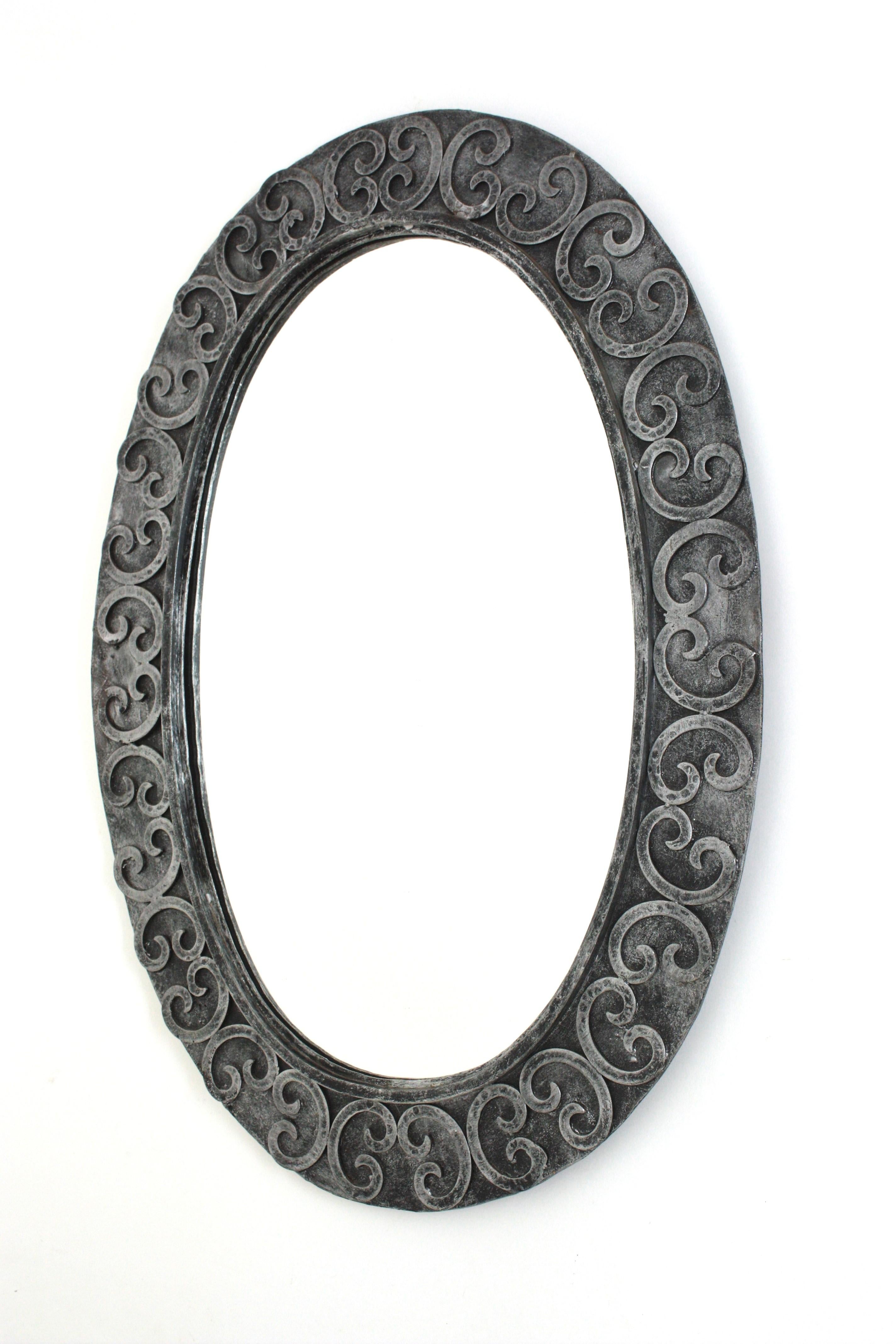 Silvered Brutalist Oval Mirror in Wrought Iron with Scroll Decorations For Sale 4