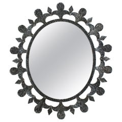 Silvered Brutalist Sunburst Oval Mirror in Silvered Wrought Iron