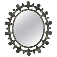 Silvered Brutalist Sunburst Oval Mirror, Wrought Iron