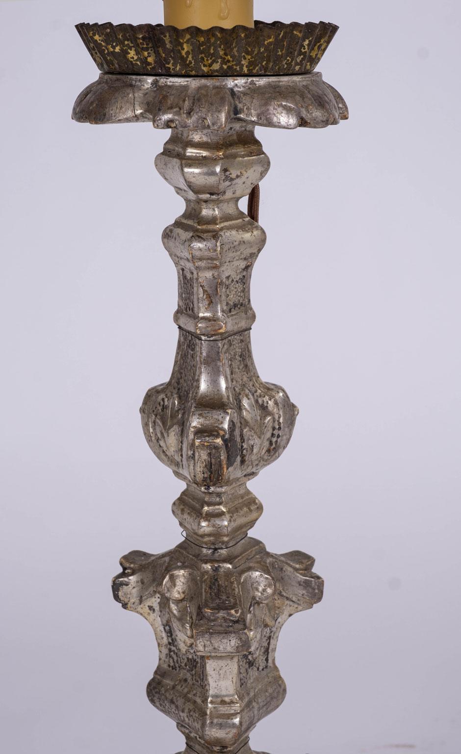 Italian Silvered Candlestick Lamp For Sale