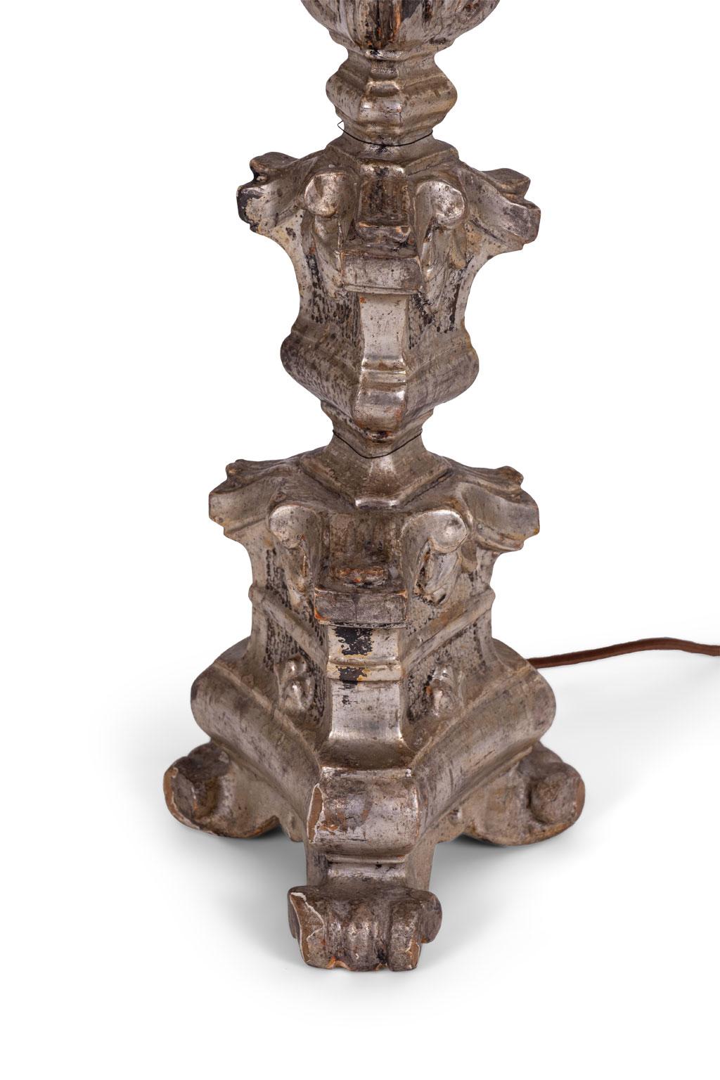 Hand-Carved Silvered Candlestick Lamp For Sale