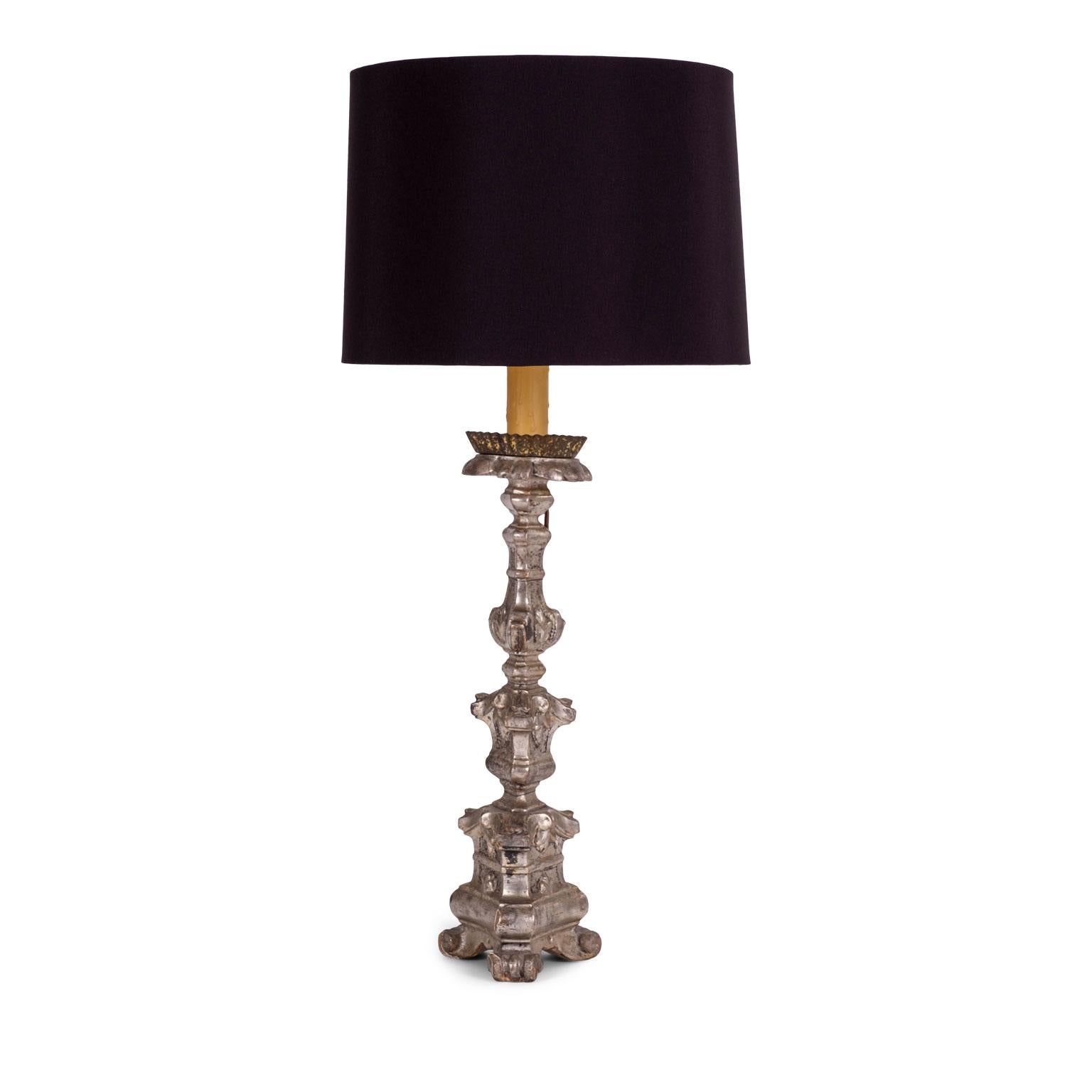 Linen Silvered Candlestick Lamp For Sale