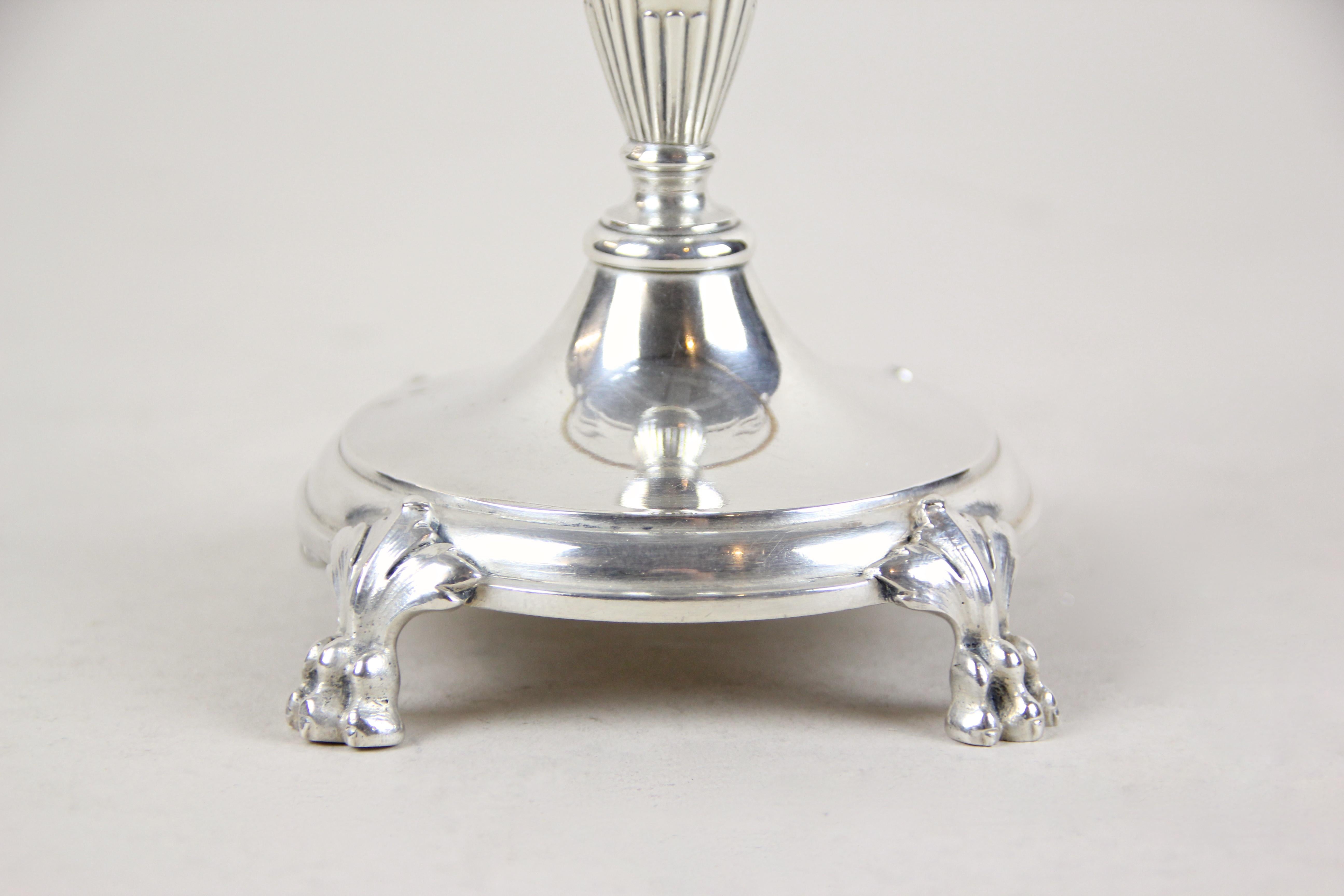 Gorgeous silvered centerpiece by Berndorf with a beautiful gilt Moser Glassworks Plate on top. This masterpiece was processed in the Art Nouveau period in Austria circa 1910 and is adorned by an original Moser Glassworks plate adorned by a beautiful