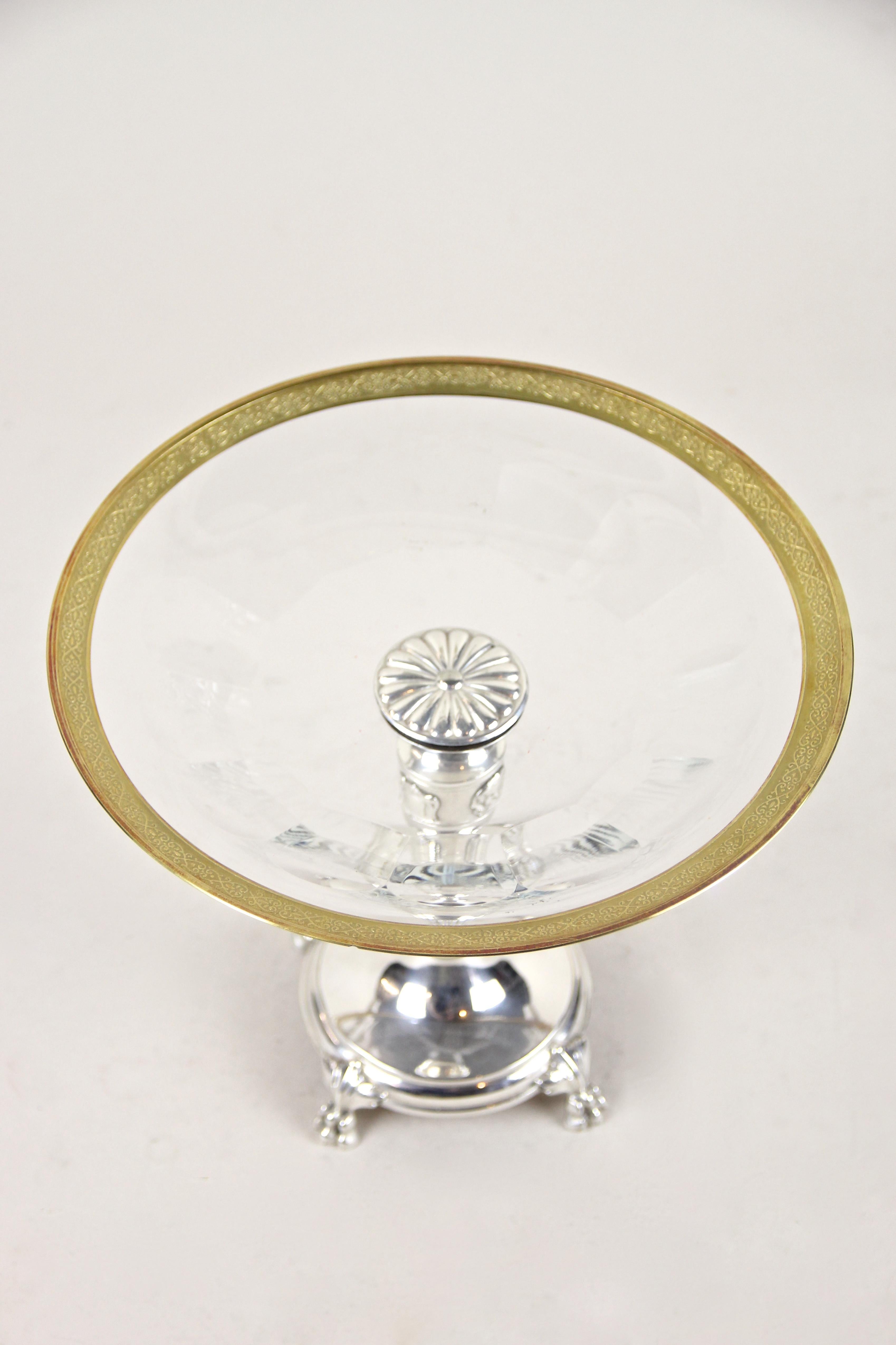 Metal Silvered Centerpiece by Berndorf with Gilt Moser Glassworks Plate, circa 1910