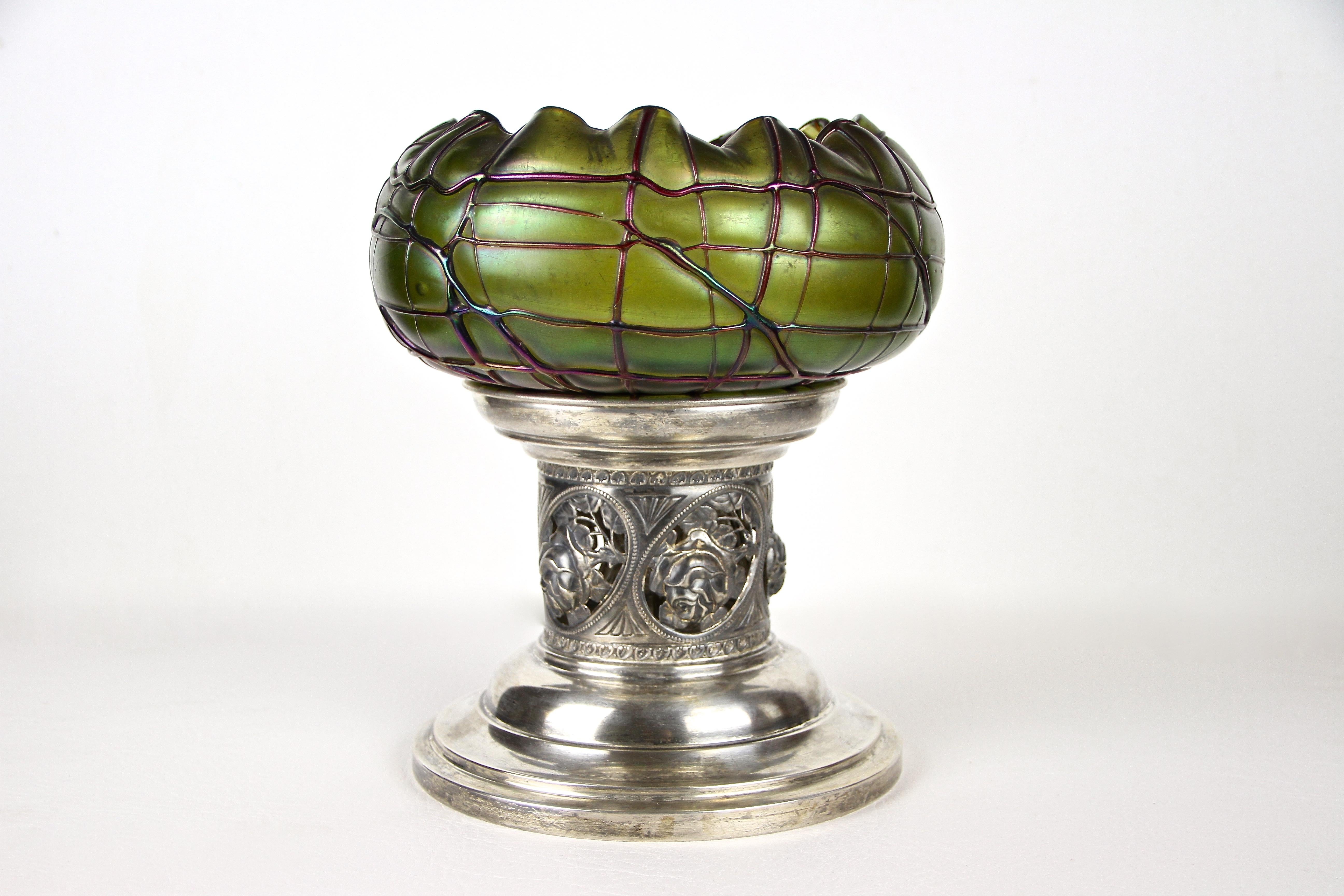 Art Nouveau Silvered Centerpiece with Iridiscent Palme Koenig Glass Bowl, CZ ca. 1910