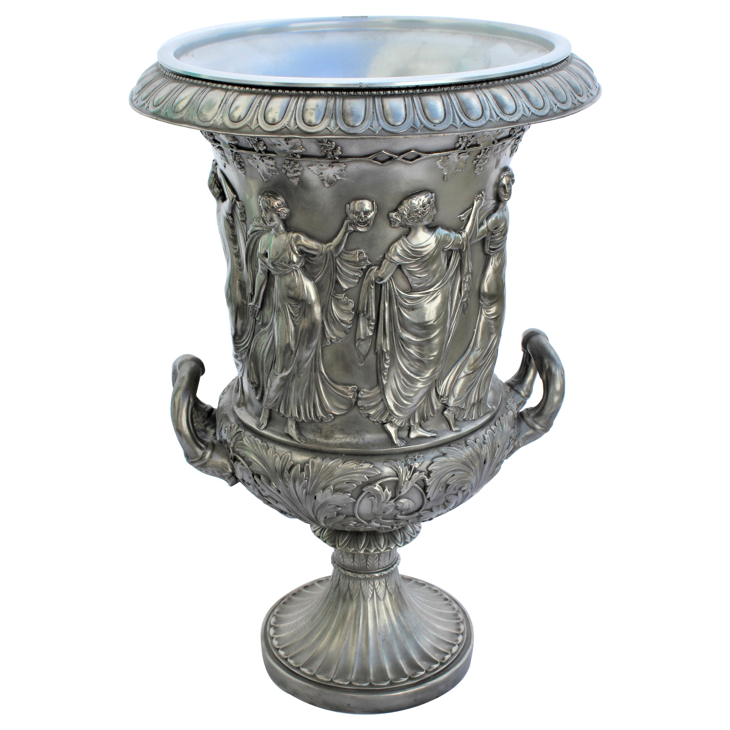 Silvered Champagne Bucket, Bronze, Medici Urn Greek Gods dancing Maidens For Sale